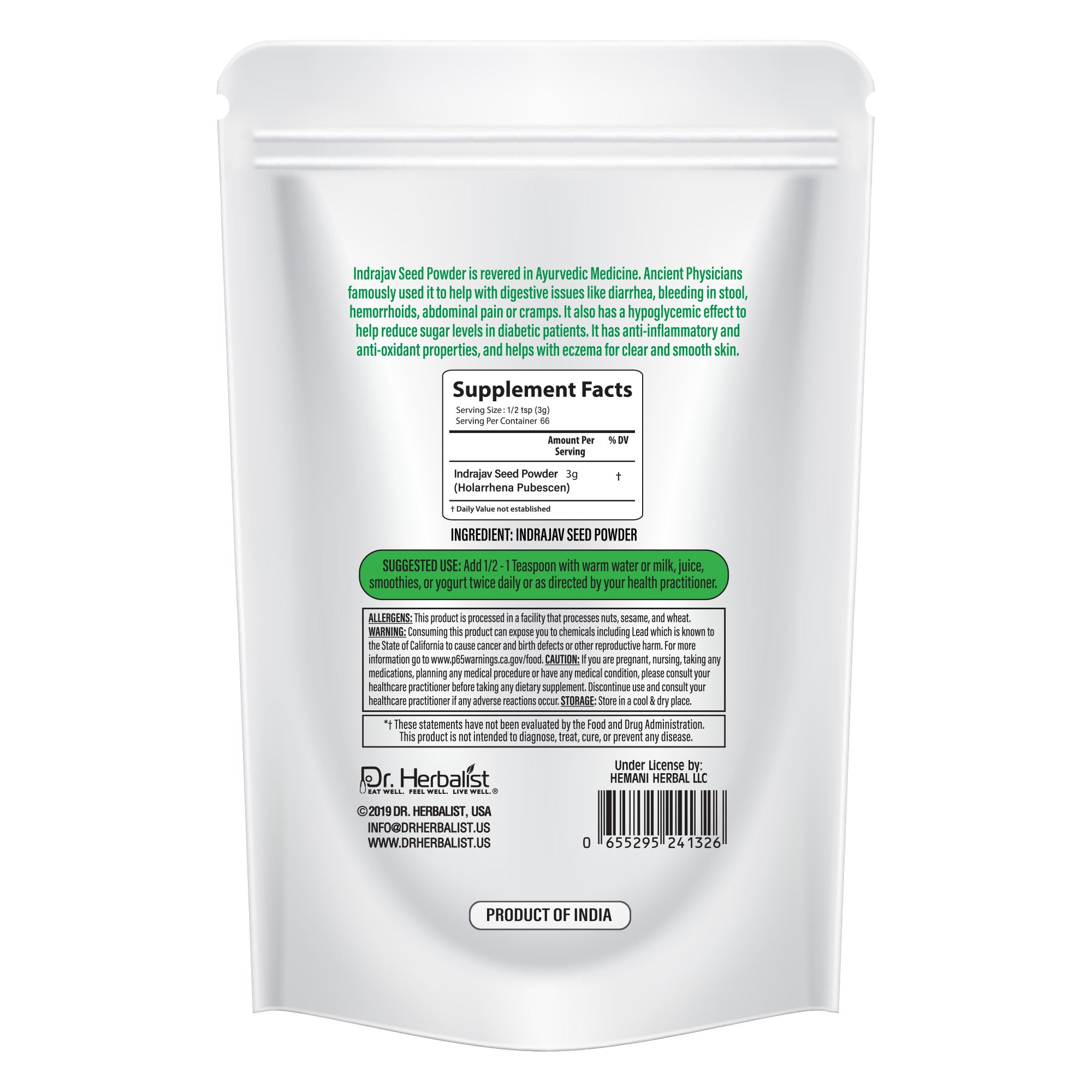 Dr. HERBALIST Inderju Powder 200g - Pure Wrightia Tinctoria (Sweet Indrajao) | Supports Skin Wellness & Traditional Topical Care* | Ayurvedic Dermatological Herb | Halal, Vegan