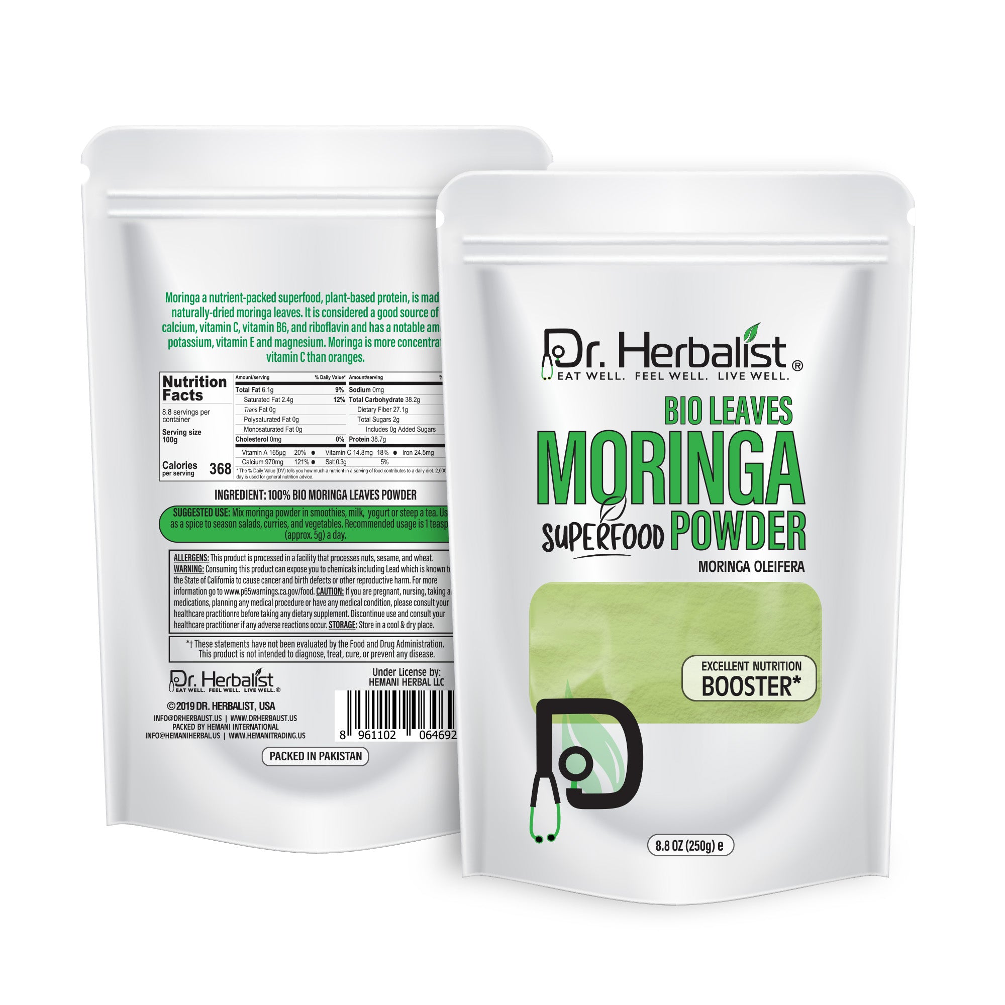 Dr. HERBALIST Moringa Leaf Powder 250g - Pure Moringa Oleifera with All 9 Essential Amino Acids | Supports Daily Nutrition & Antioxidant Wellness* | Smoothie & Food Ready | Halal, Vegan