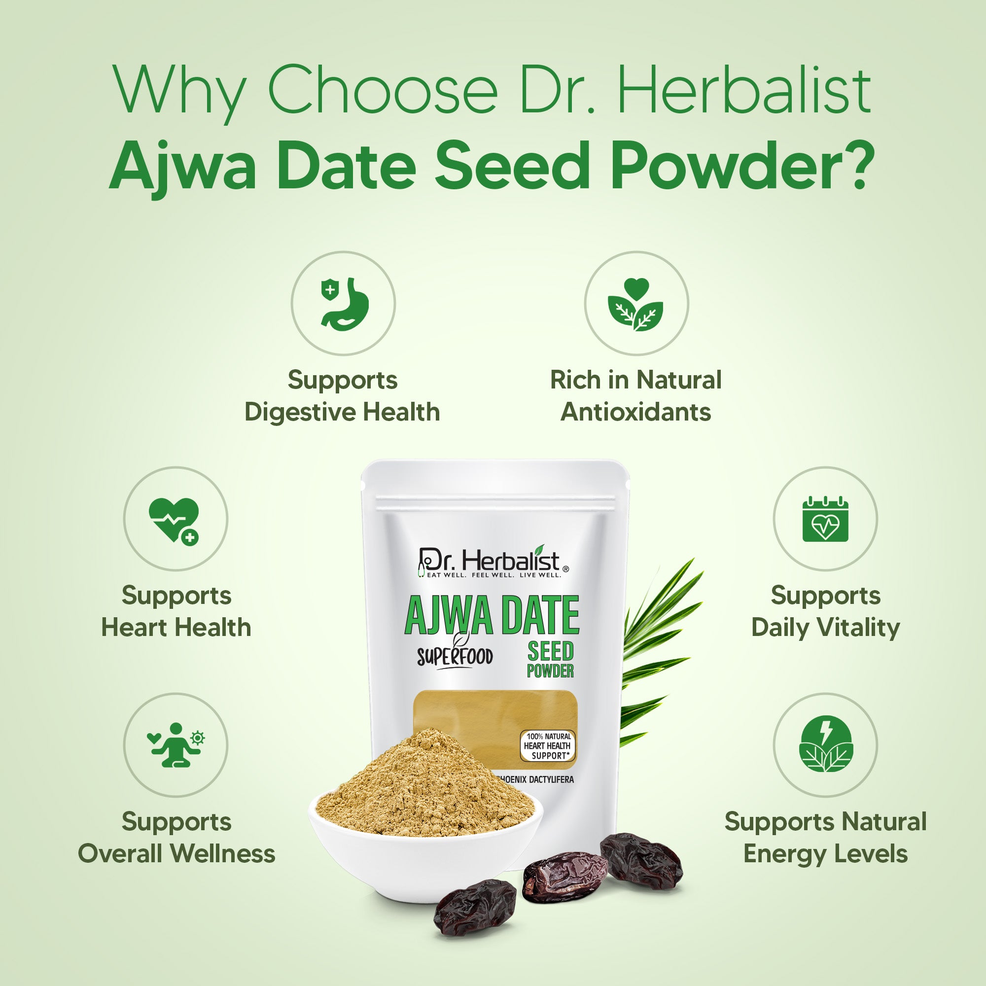 Dr. HERBALIST Ajwa Date Powder 200g - Dried Madinah Phoenix Dactylifera with Polyphenols | Supports Heart Wellness & Daily Nourishment* | Natural Sweetener Alternative | Halal, Vegan