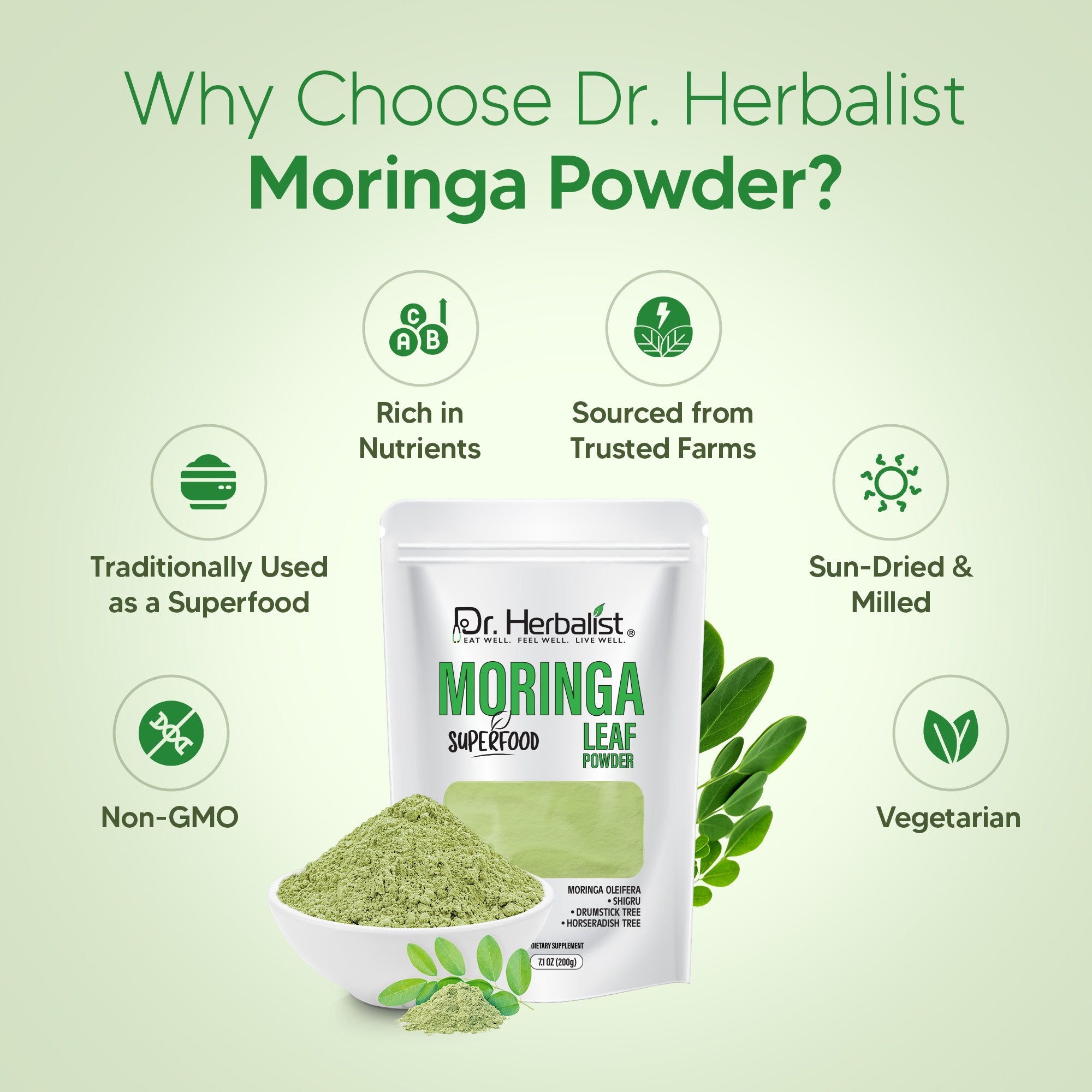 Dr. HERBALIST Moringa Powder 200g - Pure Moringa Oleifera Leaf with Complete Amino Acids & Iron | Supports Daily Nutrition & Antioxidant Wellness* | Value Size | Halal, Vegan