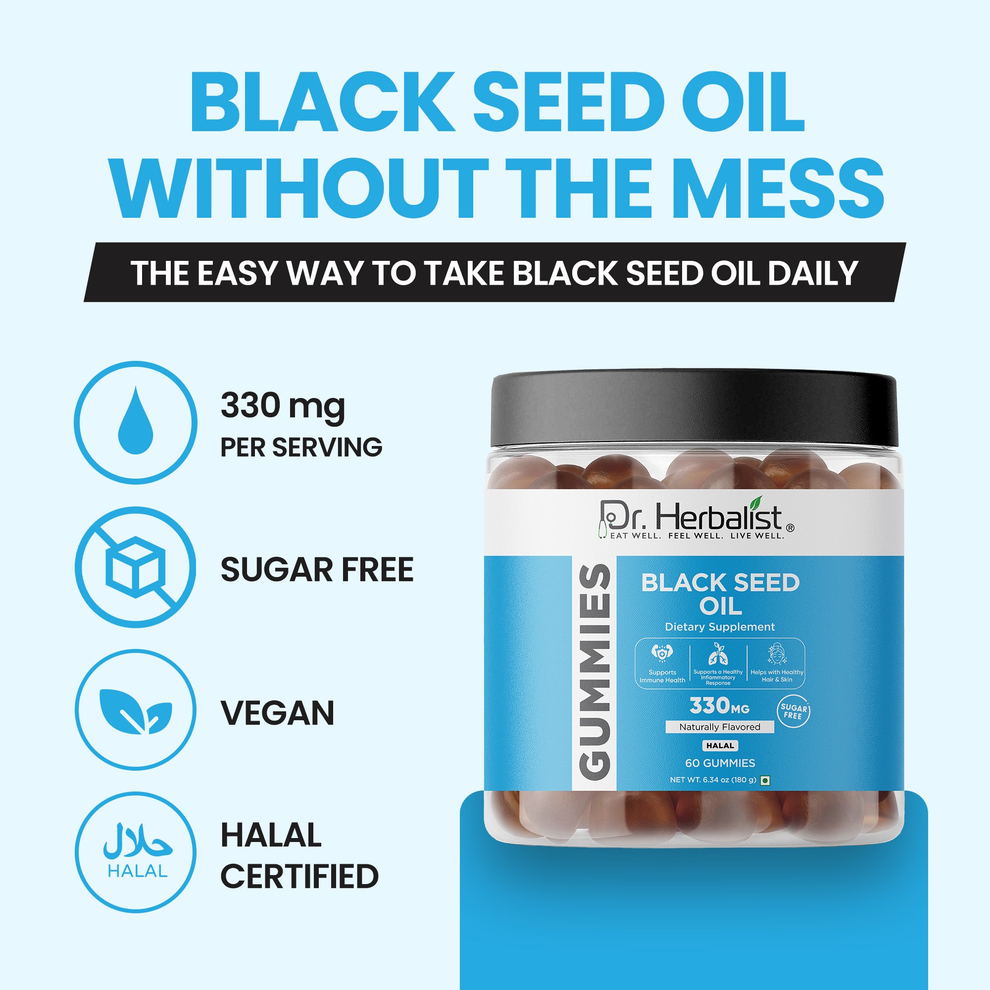 Dr Herbalist Black Seed Oil Gummies 60 Count – Cold Pressed Nigella Sativa Gummies– Immune Support, Hair Skin & Overall Wellness – Vegan, Non-GMO, Halal