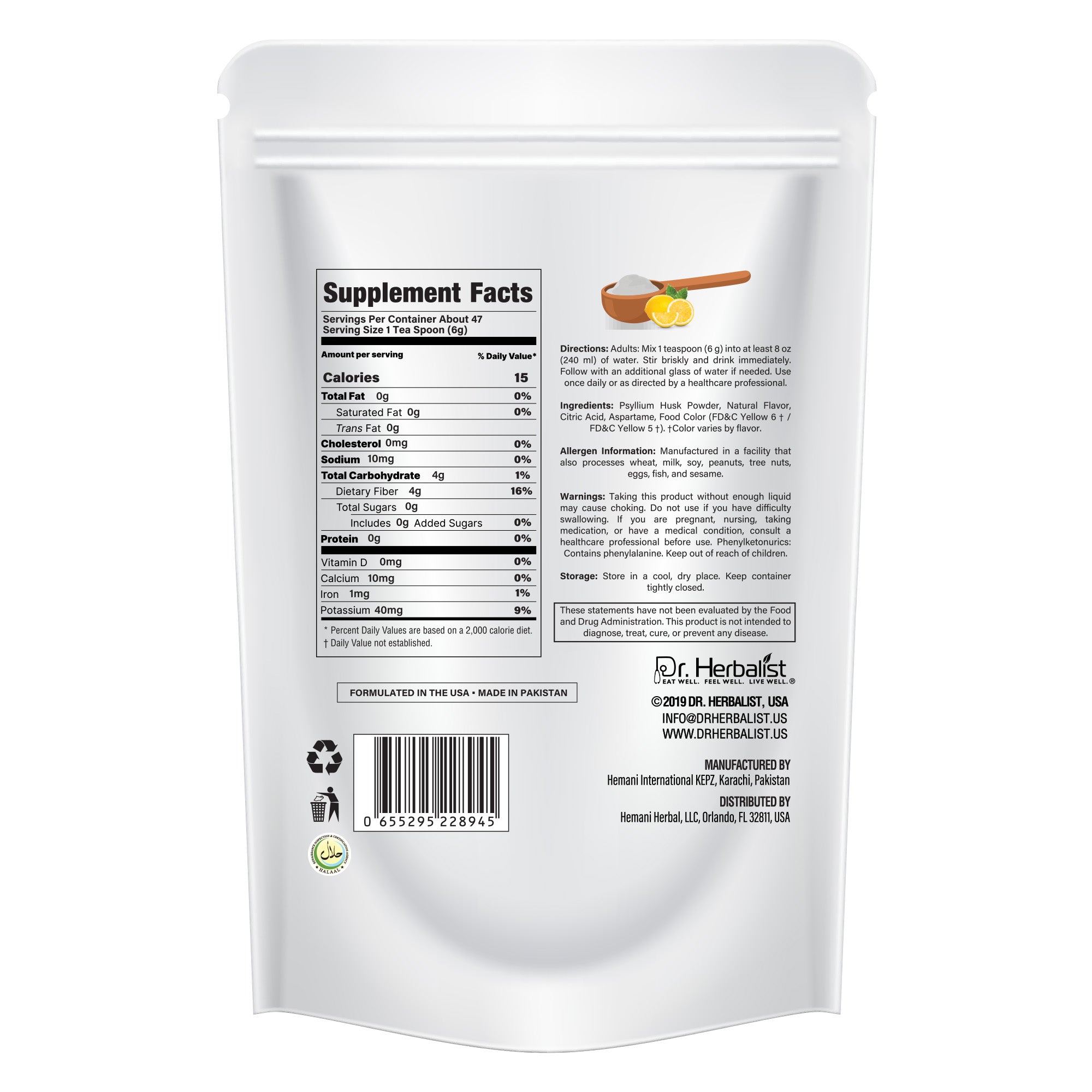 Dr. Herbalist Lemon Instant Psyllium Husk Powder 283g – Premium Fiber Blend, Lemon Flavor, Easy Mix Drink