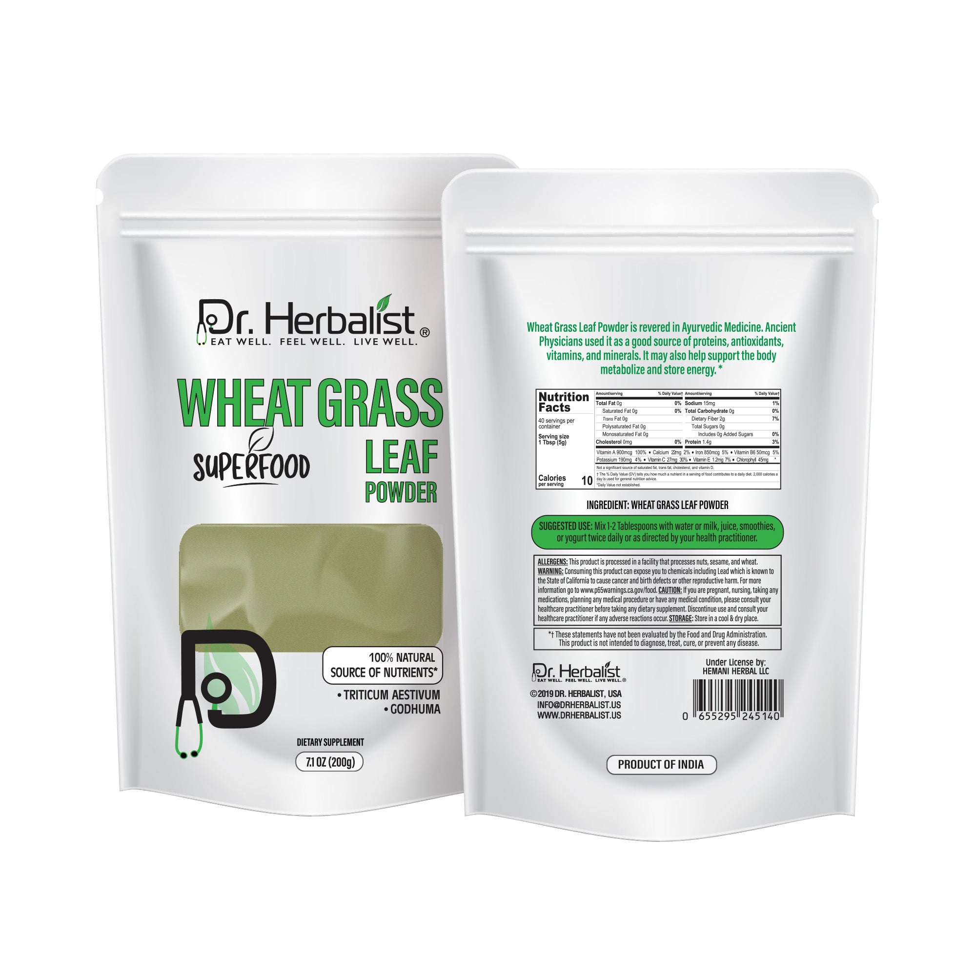 Dr. HERBALIST Wheatgrass Powder 200g - Pure Triticum Aestivum with Chlorophyll Iron & Vitamins A C E | Supports Daily Greens Detox & Nutrient Density* | Halal, Vegan