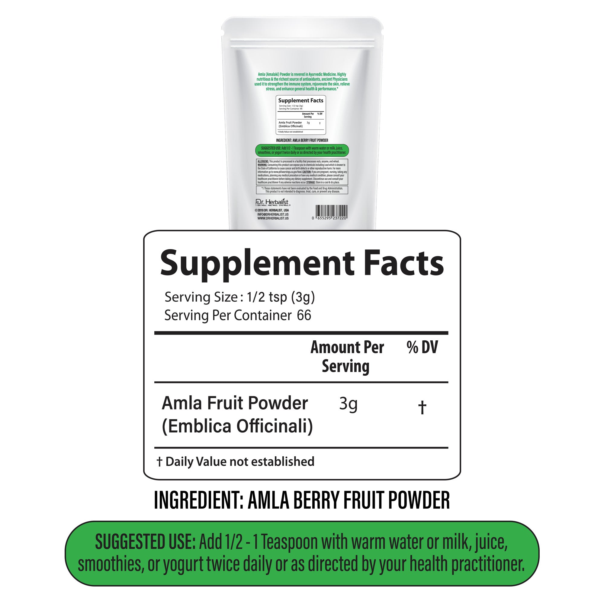 Dr. HERBALIST Amla Powder 200g - Pure Phyllanthus Emblica (Indian Gooseberry) with Heat-Stable Vitamin C | Supports Antioxidant Wellness Hair & Skin Vitality* | Halal, Vegan