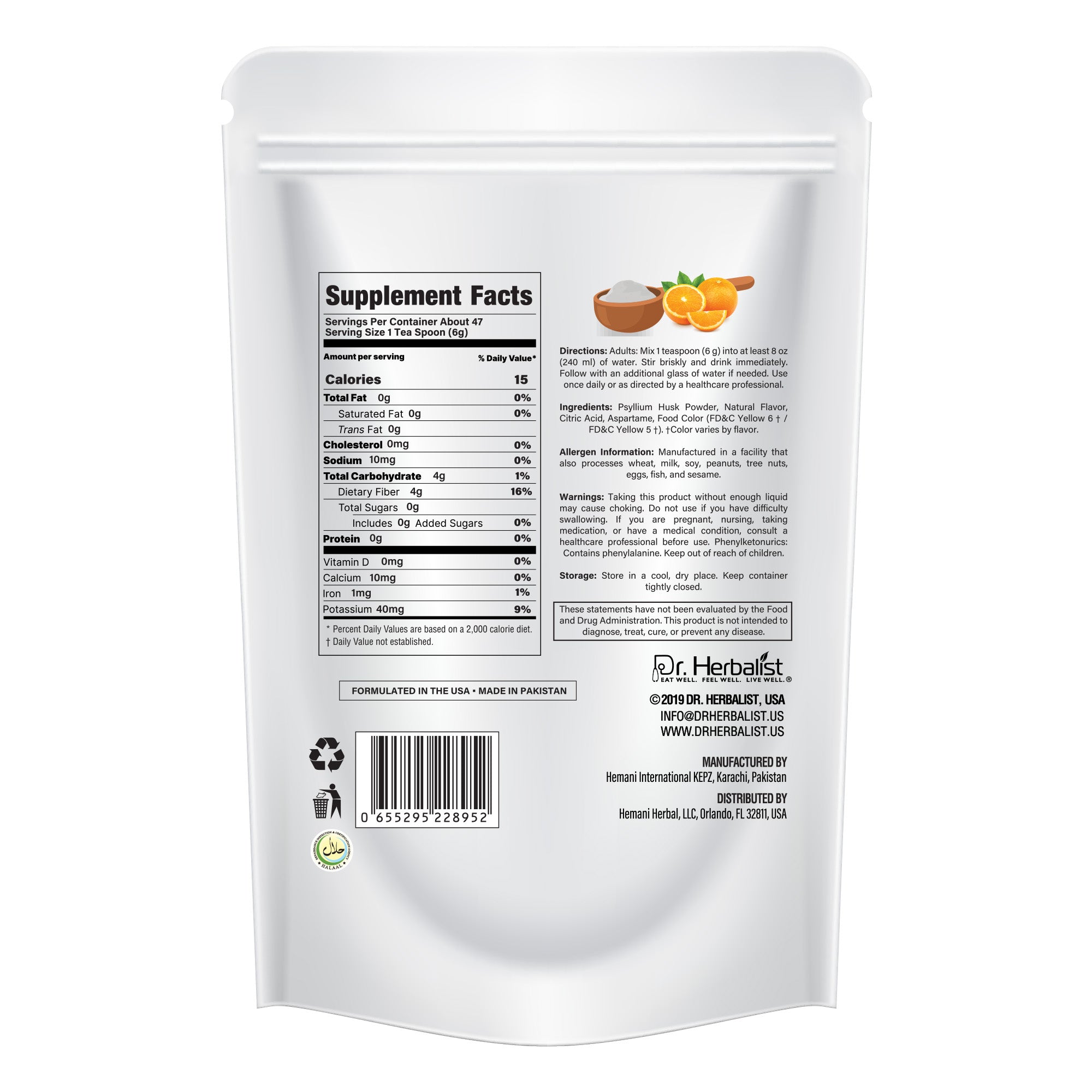 Dr. Herbalist Orange Instant Psyllium Husk Powder 283g – Premium Fiber Blend, Orange Flavor, Easy Mix Drink