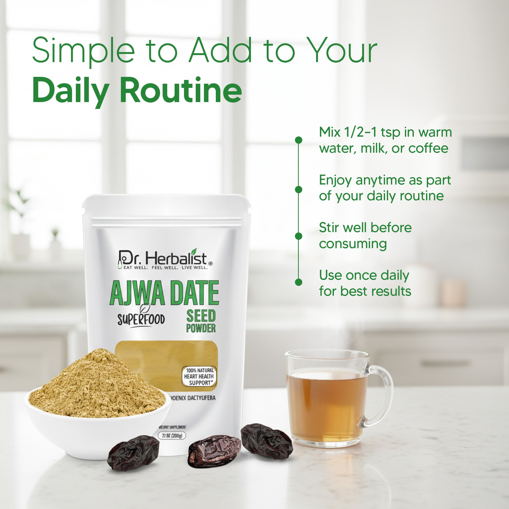 Dr. HERBALIST Ajwa Date Powder 200g - Dried Madinah Phoenix Dactylifera with Polyphenols | Supports Heart Wellness & Daily Nourishment* | Natural Sweetener Alternative | Halal, Vegan