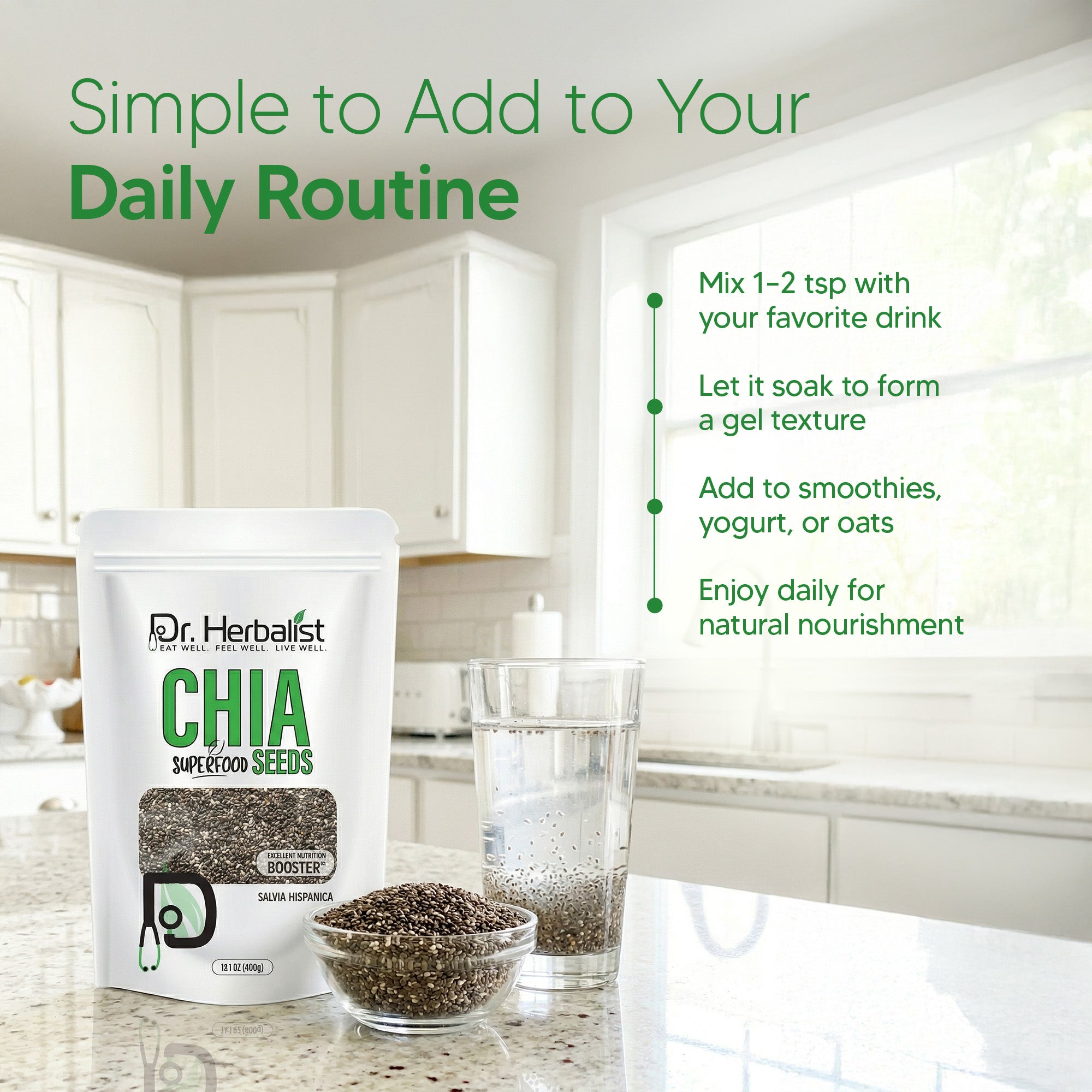 Dr. HERBALIST Chia Seeds 400g - Premium Salvia Hispanica with ALA Omega-3 & Soluble Fiber | Supports Omega Nutrition Hydration & Sustained Energy* | Aztec Superfood | Halal, Vegan