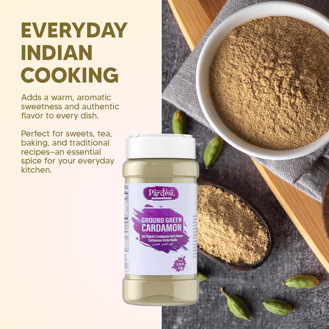 Pardesi Cardamom Powder 150g Jar – Premium Ground Elaichi Spice for Tea, Desserts & Cooking | Aromatic & Fresh | Halal | Dual-Cap Jar