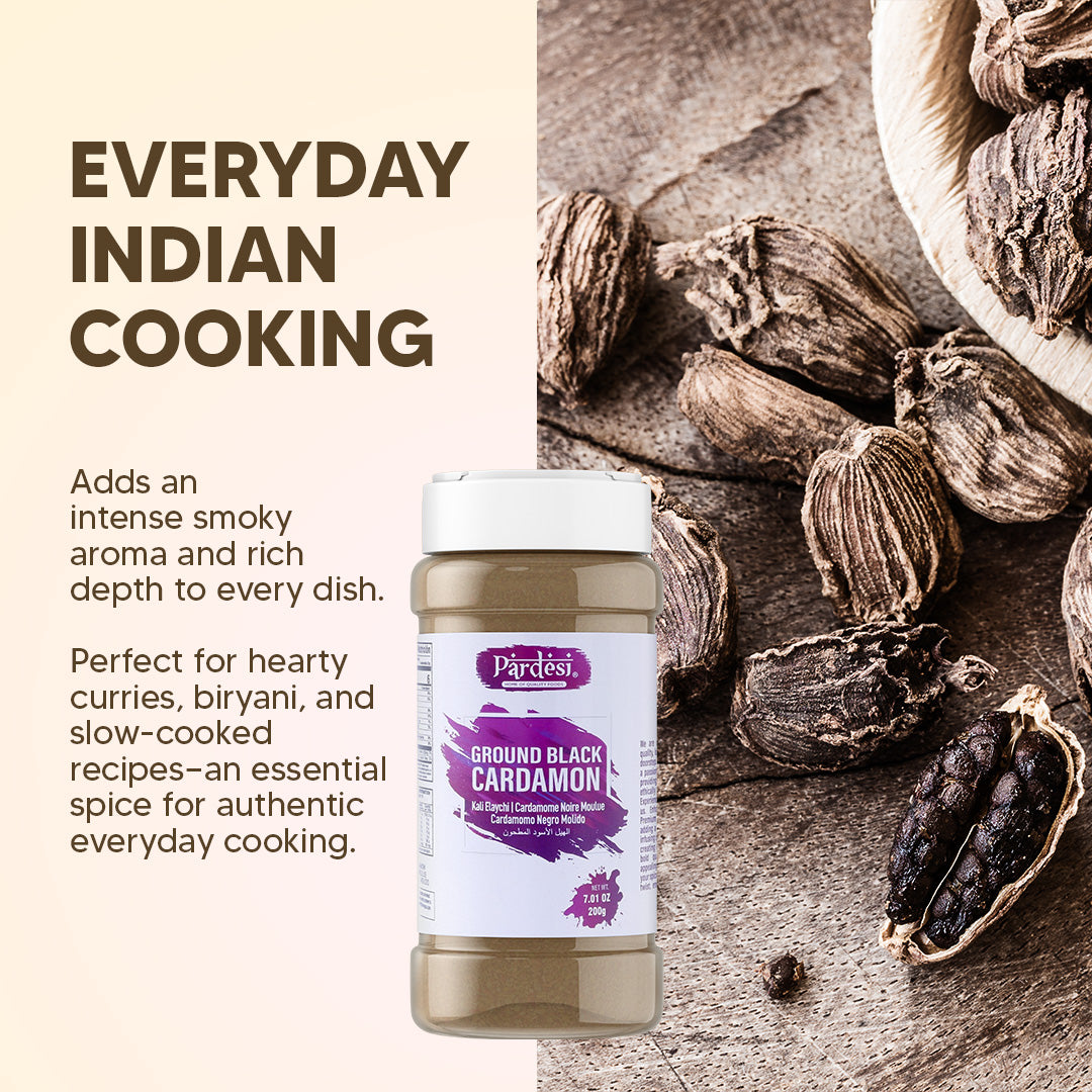 Pardesi Black Cardamom Powder (Badi Elaichi) 200g — Smoky Ground Black Cardamom for Biryani, Garam Masala & Curry | Halal, Non-GMO | Dual-Cap Jar