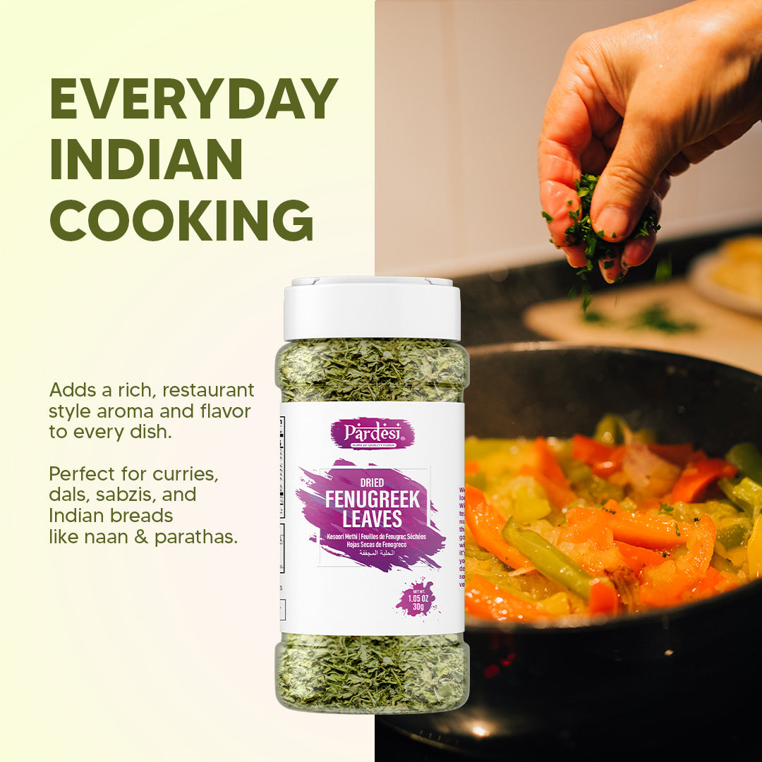 Pardesi Dried Fenugreek Leaves (Kasoori Methi) 30g — Premium Crushed Methi for Butter Chicken, Naan & Curry Finishing | Halal, Non-GMO | Dual-Cap Jar