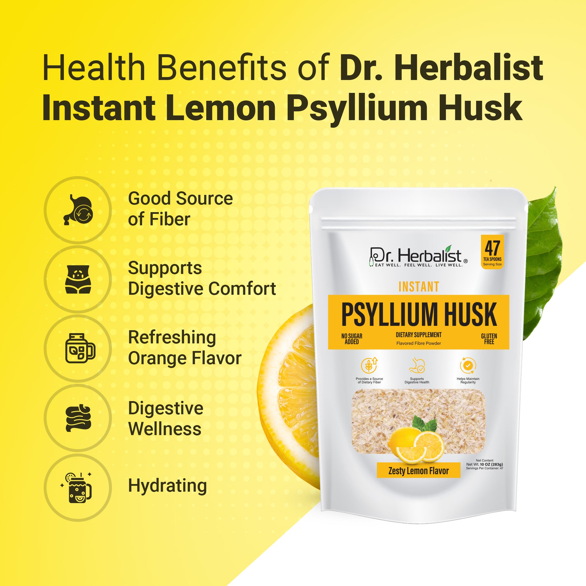 Dr. Herbalist Lemon Instant Psyllium Husk Powder 283g – Premium Fiber Blend, Lemon Flavor, Easy Mix Drink
