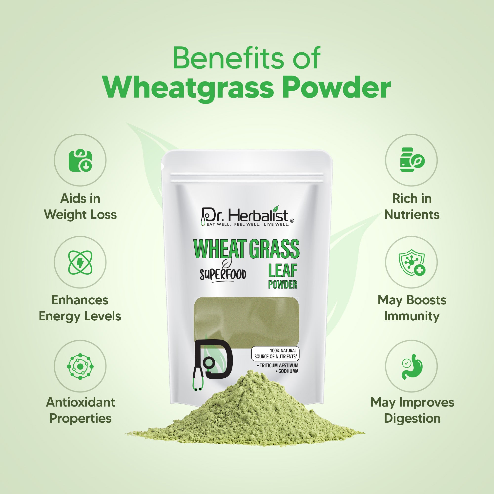 Dr. HERBALIST Wheatgrass Powder 200g - Pure Triticum Aestivum with Chlorophyll Iron & Vitamins A C E | Supports Daily Greens Detox & Nutrient Density* | Halal, Vegan