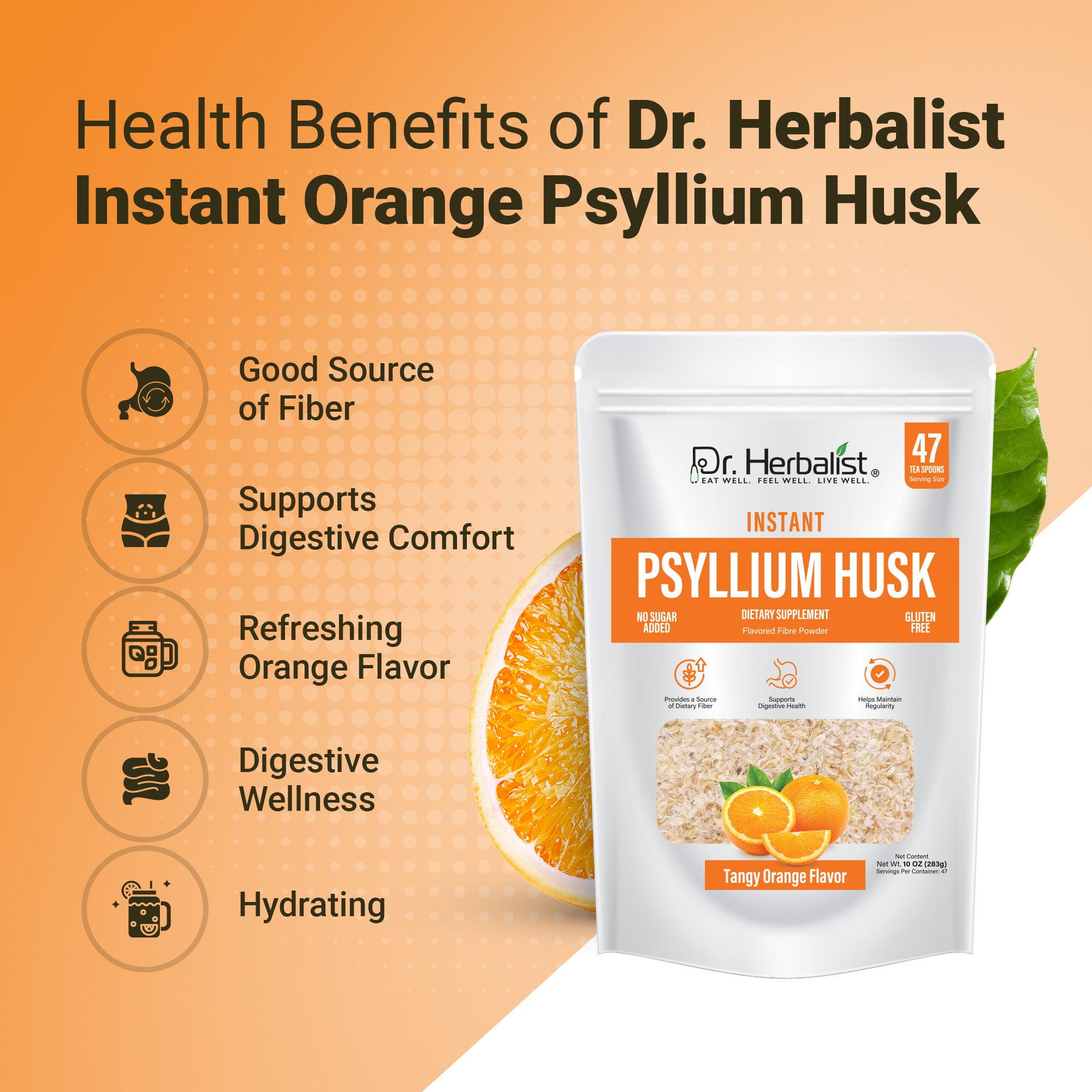 Dr. Herbalist Orange Instant Psyllium Husk Powder 283g – Premium Fiber Blend, Orange Flavor, Easy Mix Drink