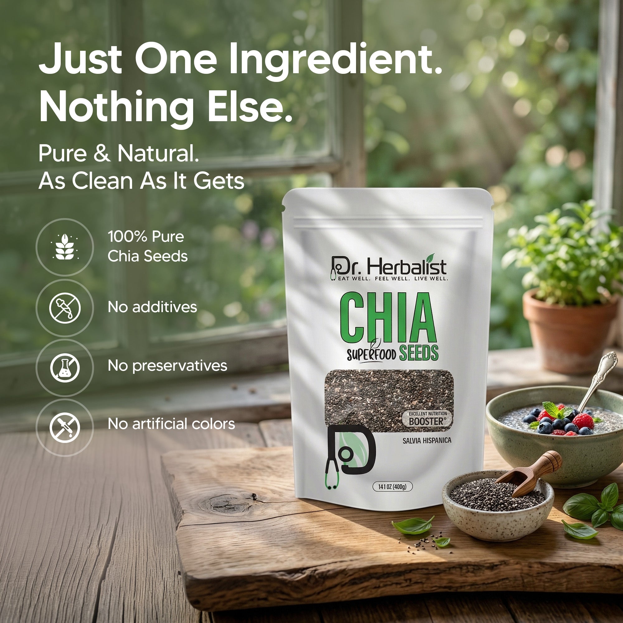 Dr. HERBALIST Chia Seeds 400g - Premium Salvia Hispanica with ALA Omega-3 & Soluble Fiber | Supports Omega Nutrition Hydration & Sustained Energy* | Aztec Superfood | Halal, Vegan