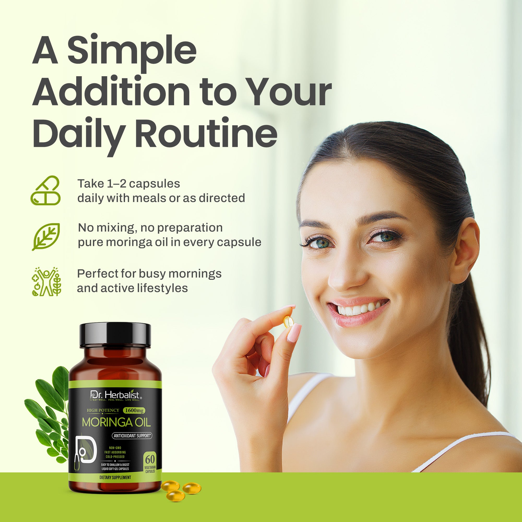 Dr. HERBALIST Moringa Oil Capsules 1600mg - Cold Pressed Moringa Oleifera Seed Oil with Oleic Acid & Behenic Acid | Supports Skin Vitality & Nutritional Wellness* | Halal, Vegan | 60ct