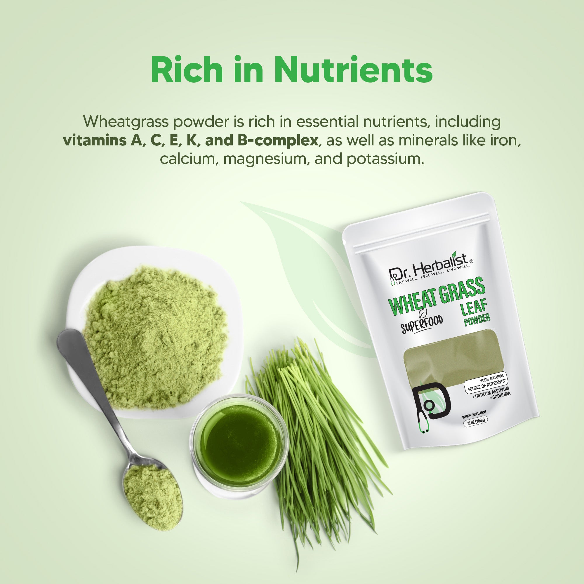 Dr. HERBALIST Wheatgrass Powder 200g - Pure Triticum Aestivum with Chlorophyll Iron & Vitamins A C E | Supports Daily Greens Detox & Nutrient Density* | Halal, Vegan