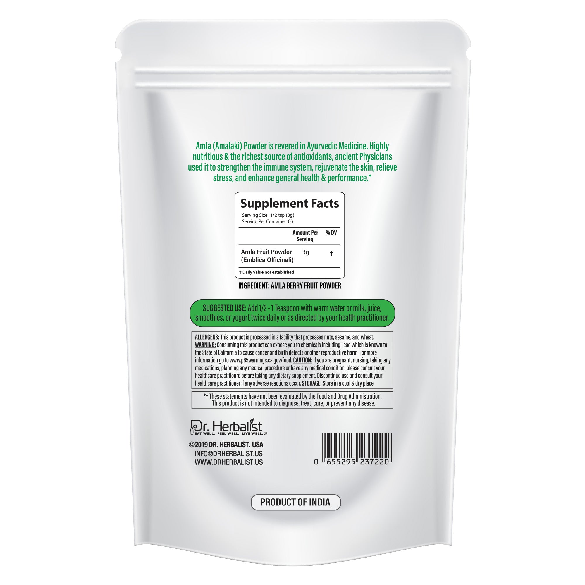 Dr. HERBALIST Amla Powder 200g - Pure Phyllanthus Emblica (Indian Gooseberry) with Heat-Stable Vitamin C | Supports Antioxidant Wellness Hair & Skin Vitality* | Halal, Vegan