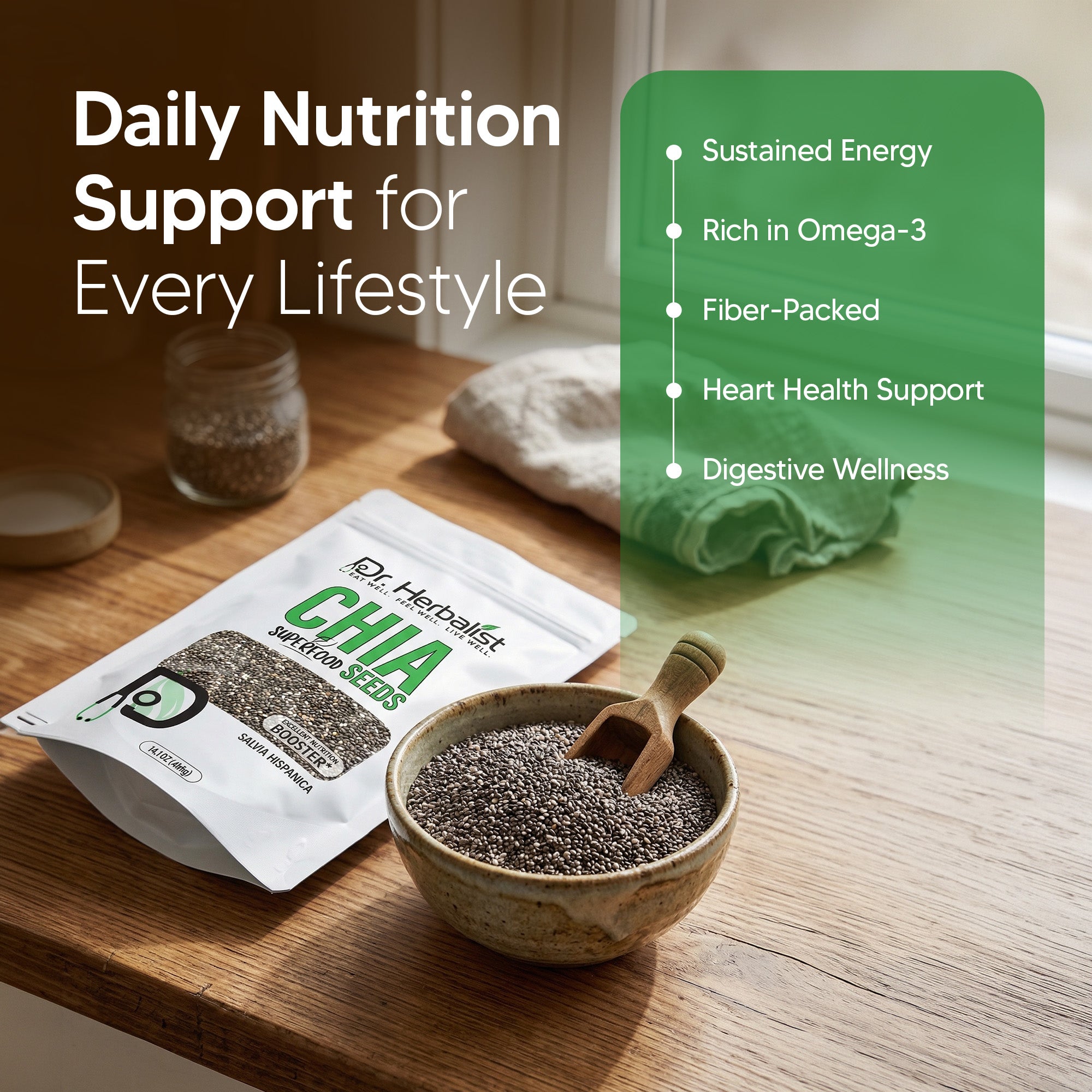 Dr. HERBALIST Chia Seeds 400g - Premium Salvia Hispanica with ALA Omega-3 & Soluble Fiber | Supports Omega Nutrition Hydration & Sustained Energy* | Aztec Superfood | Halal, Vegan