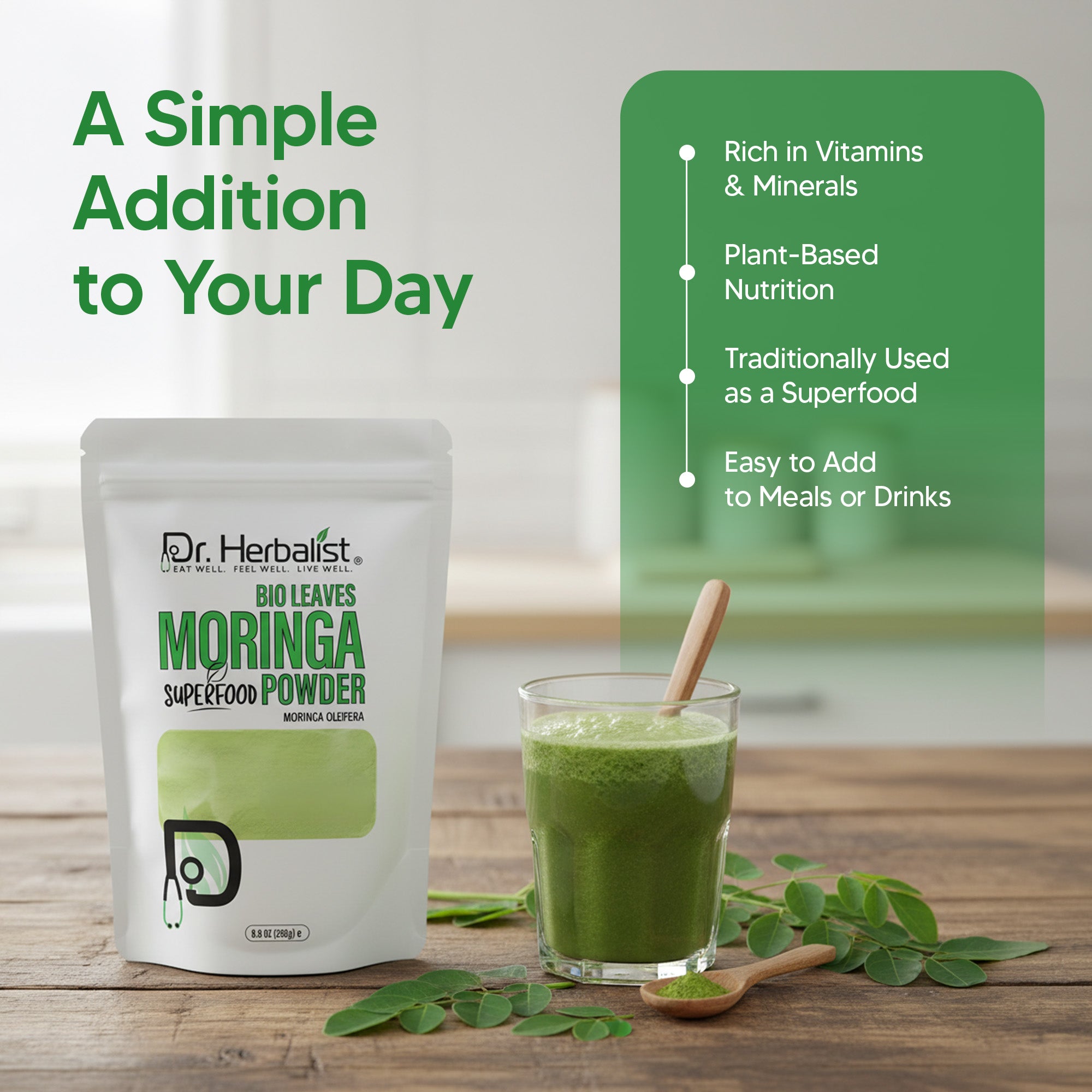 Dr. HERBALIST Moringa Leaf Powder 250g - Pure Moringa Oleifera with All 9 Essential Amino Acids | Supports Daily Nutrition & Antioxidant Wellness* | Smoothie & Food Ready | Halal, Vegan