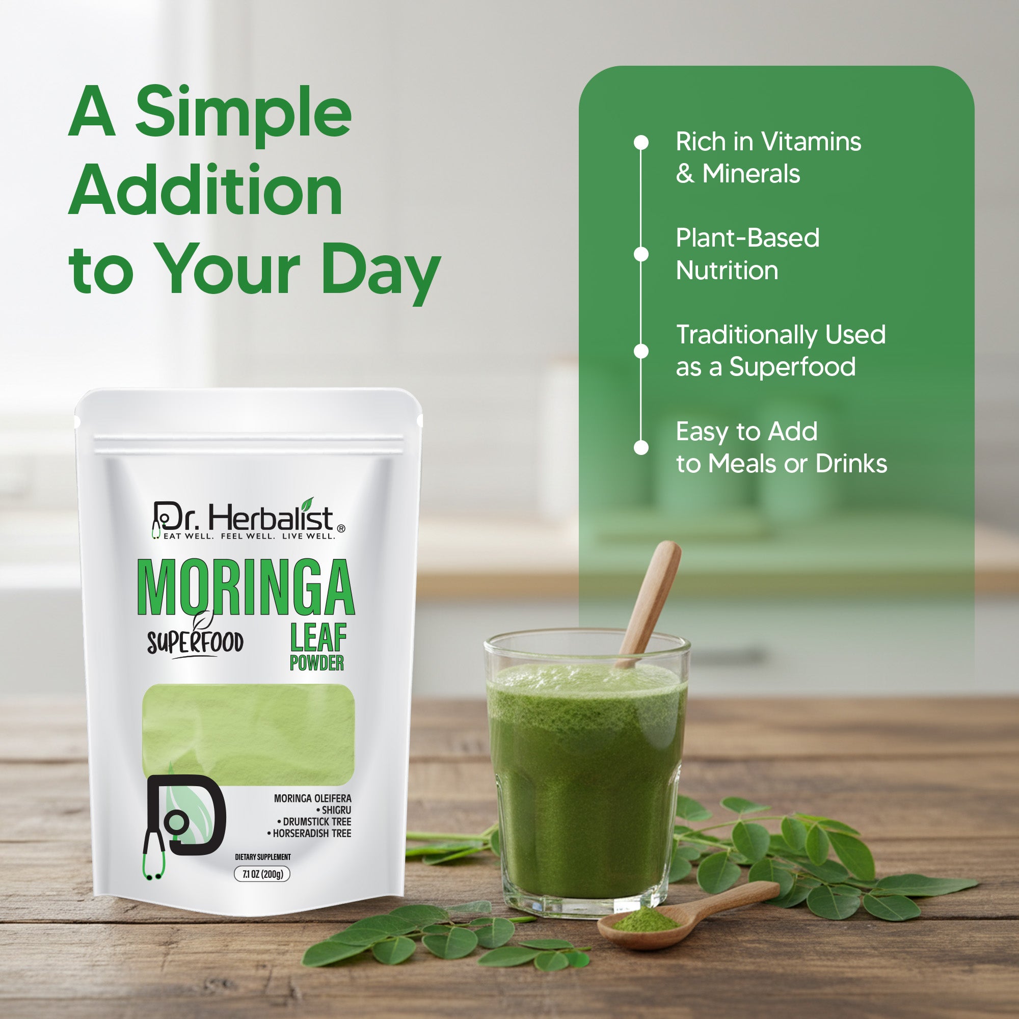Dr. HERBALIST Moringa Powder 200g - Pure Moringa Oleifera Leaf with Complete Amino Acids & Iron | Supports Daily Nutrition & Antioxidant Wellness* | Value Size | Halal, Vegan