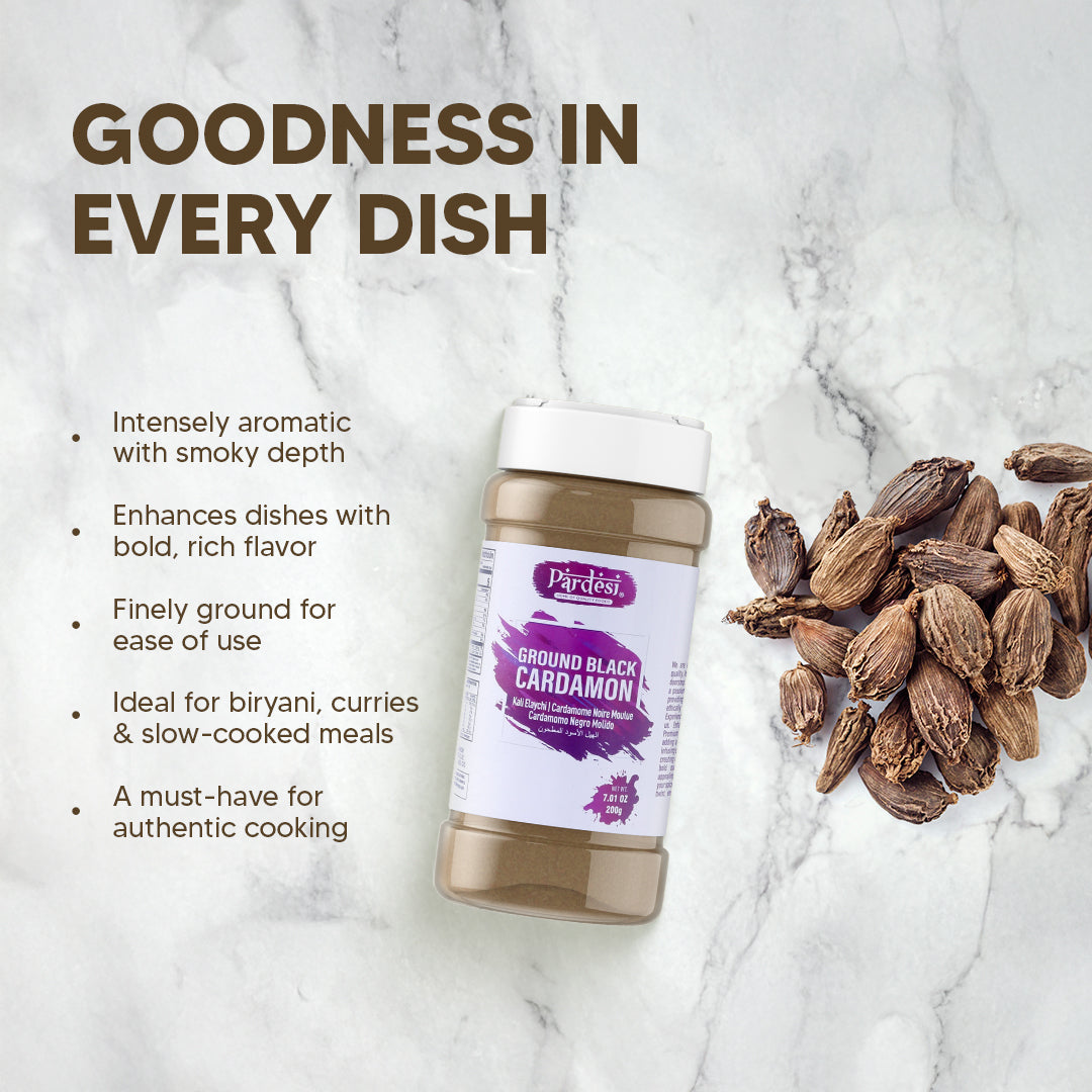 Pardesi Black Cardamom Powder (Badi Elaichi) 200g — Smoky Ground Black Cardamom for Biryani, Garam Masala & Curry | Halal, Non-GMO | Dual-Cap Jar