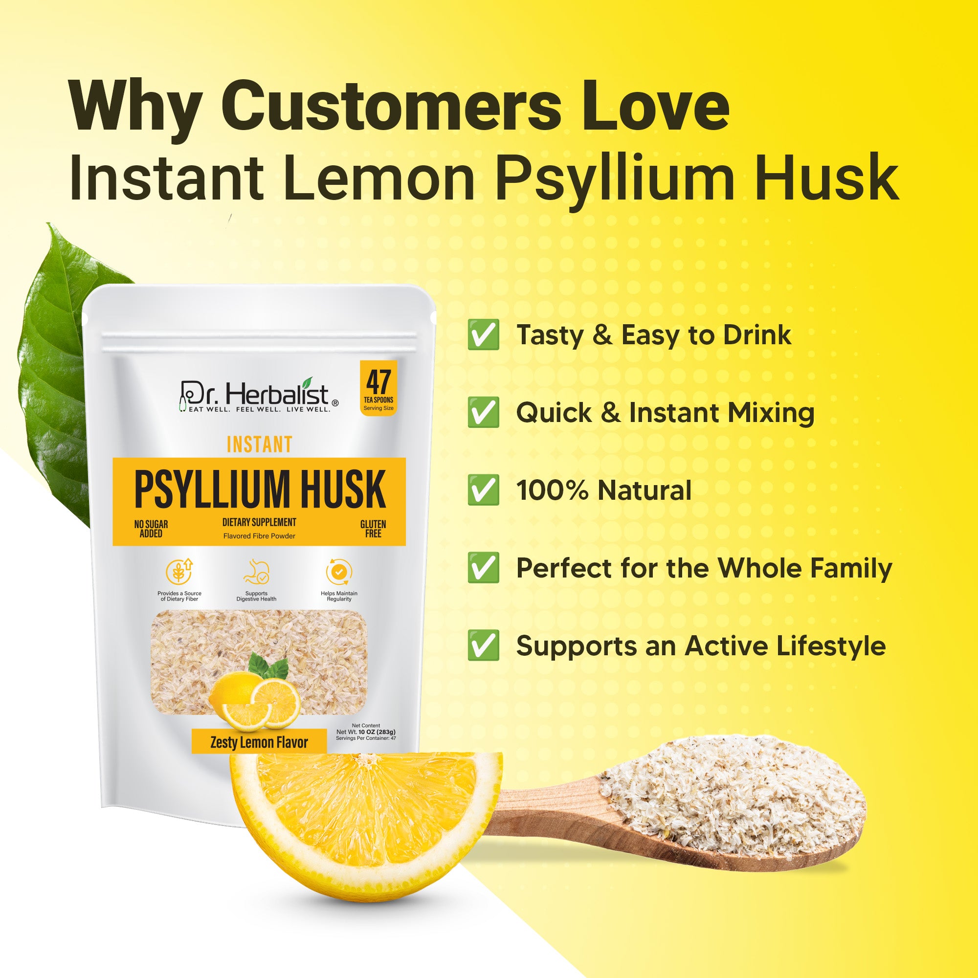 Dr. Herbalist Lemon Instant Psyllium Husk Powder 283g – Premium Fiber Blend, Lemon Flavor, Easy Mix Drink