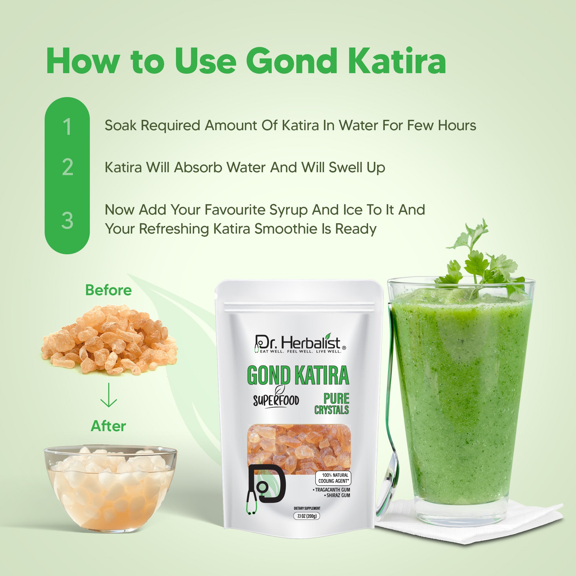 Dr. HERBALIST Gond Katira 200g - Natural Tragacanth Gum Crystals | Traditional Summer Cooling Drink Ingredient | Soak Overnight for Translucent Gel | Halal, Vegan