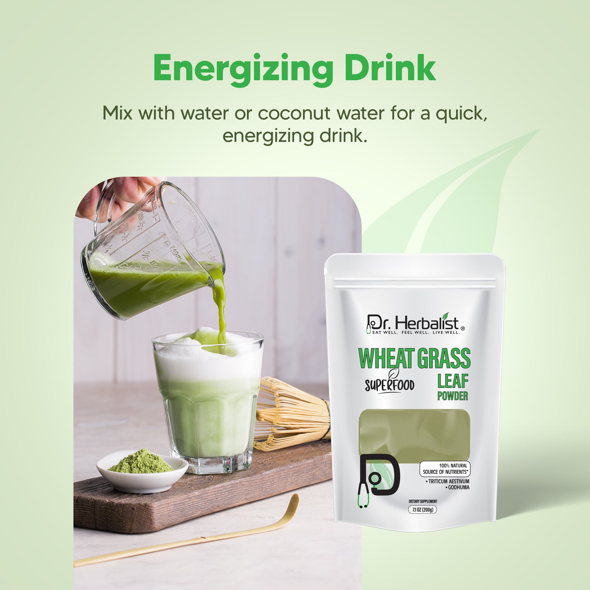 Dr. HERBALIST Wheatgrass Powder 200g - Pure Triticum Aestivum with Chlorophyll Iron & Vitamins A C E | Supports Daily Greens Detox & Nutrient Density* | Halal, Vegan