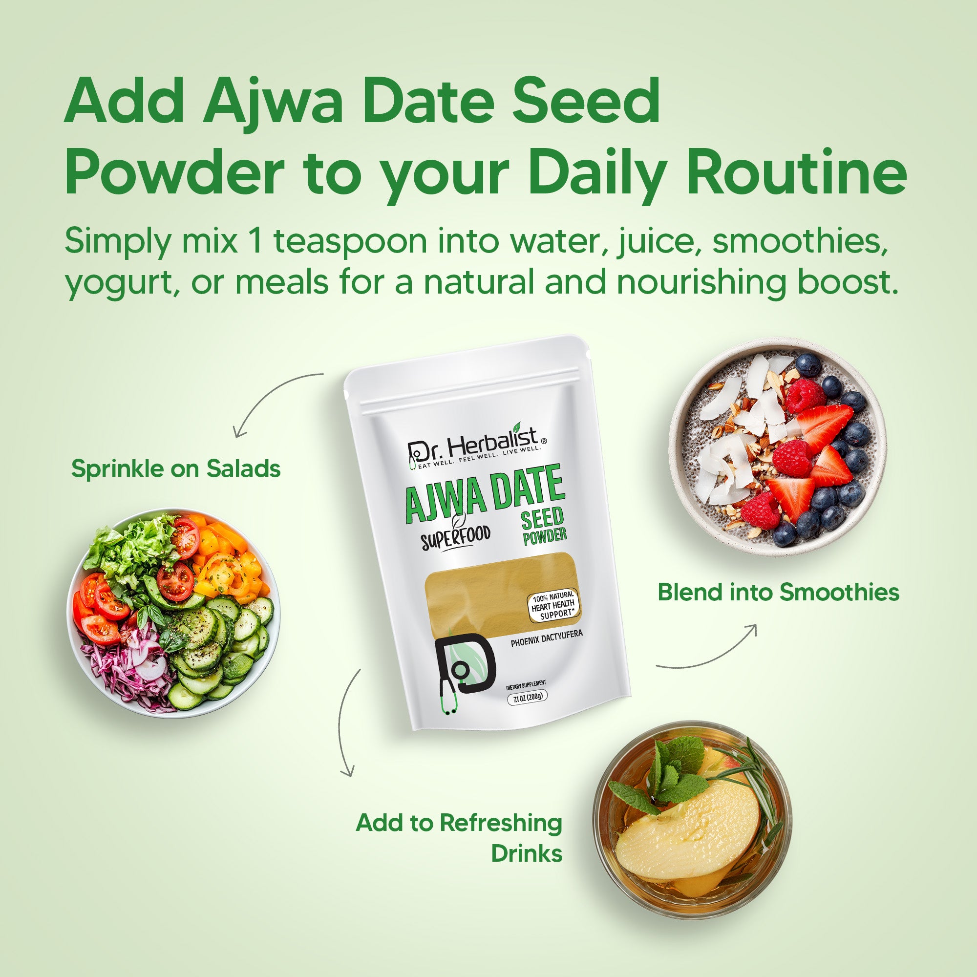 Dr. HERBALIST Ajwa Date Powder 200g - Dried Madinah Phoenix Dactylifera with Polyphenols | Supports Heart Wellness & Daily Nourishment* | Natural Sweetener Alternative | Halal, Vegan
