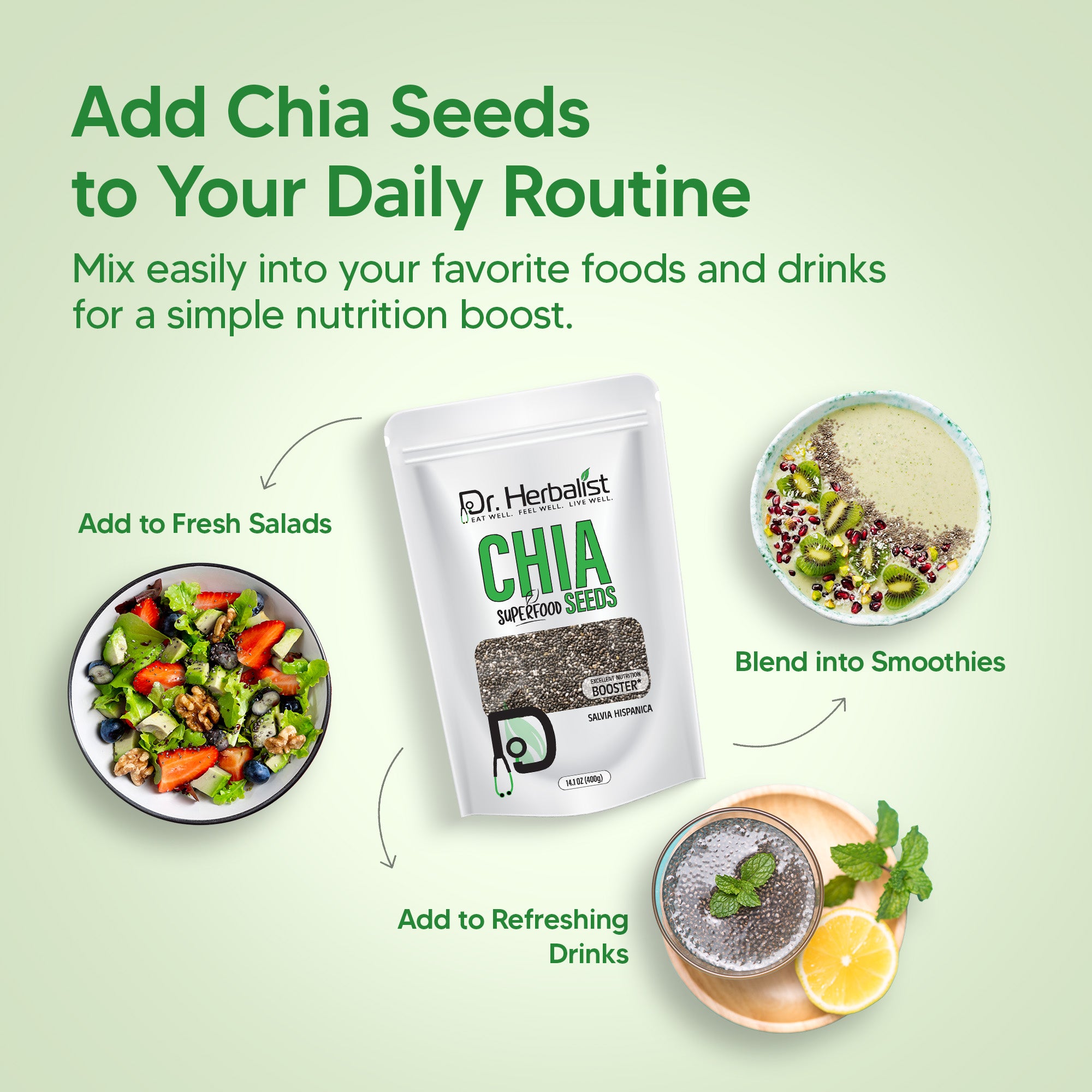 Dr. HERBALIST Chia Seeds 400g - Premium Salvia Hispanica with ALA Omega-3 & Soluble Fiber | Supports Omega Nutrition Hydration & Sustained Energy* | Aztec Superfood | Halal, Vegan
