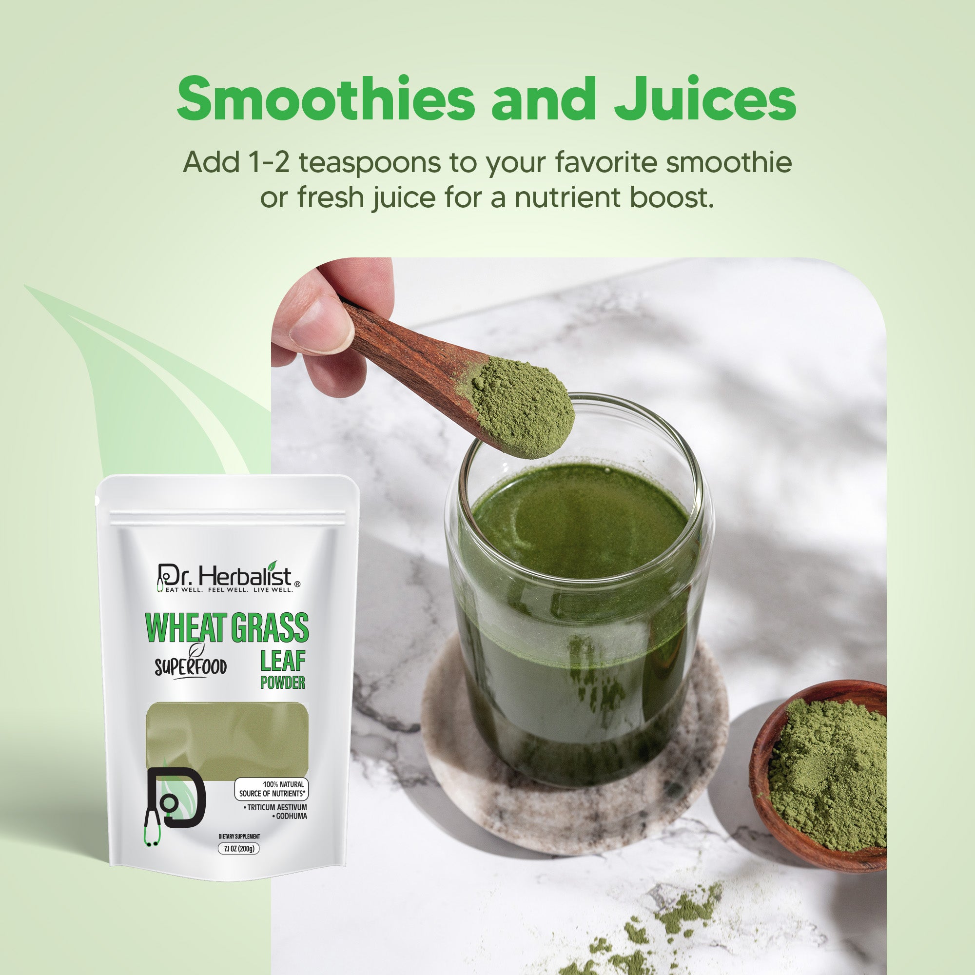 Dr. HERBALIST Wheatgrass Powder 200g - Pure Triticum Aestivum with Chlorophyll Iron & Vitamins A C E | Supports Daily Greens Detox & Nutrient Density* | Halal, Vegan