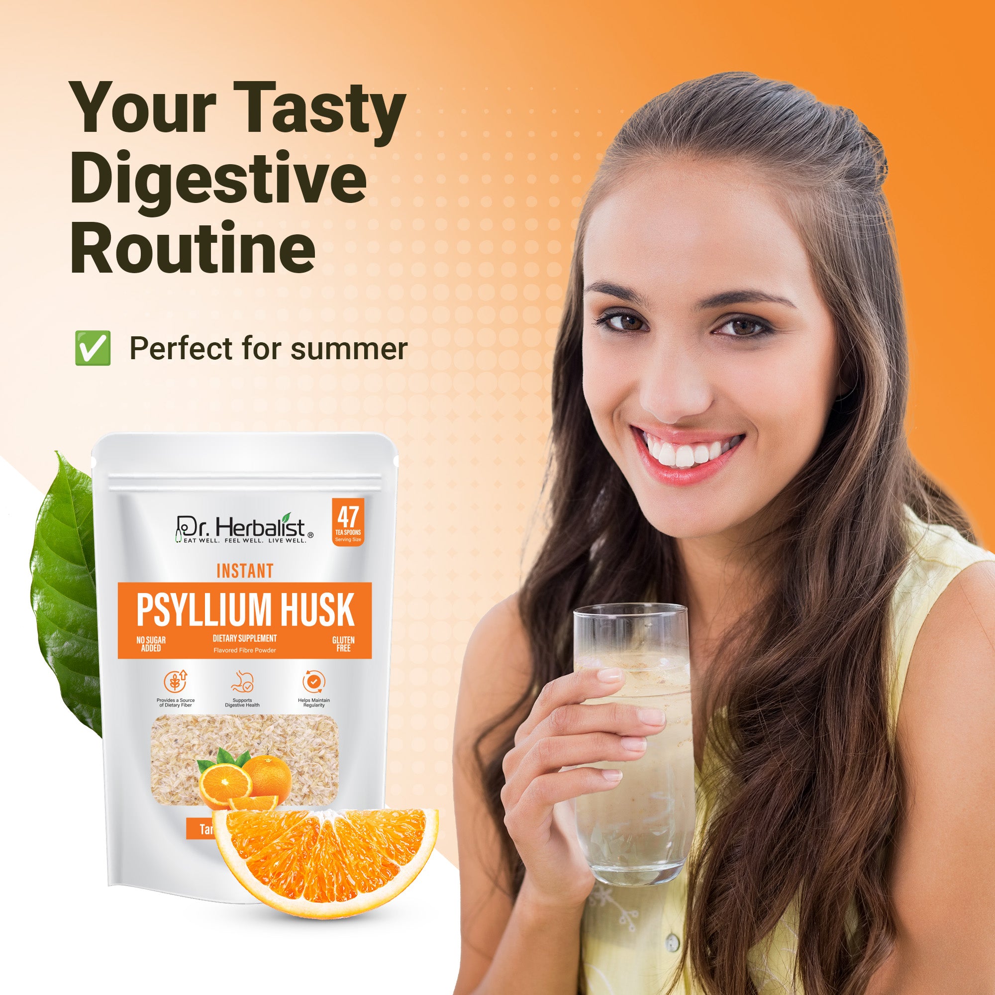 Dr. Herbalist Orange Instant Psyllium Husk Powder 283g – Premium Fiber Blend, Orange Flavor, Easy Mix Drink
