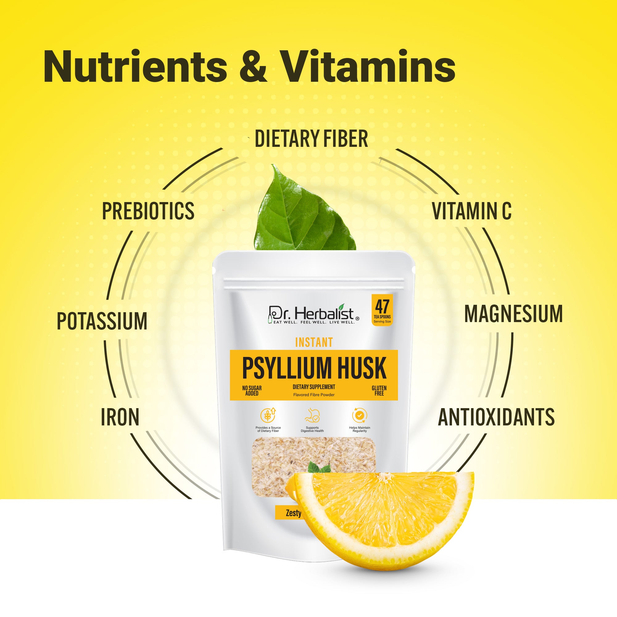 Dr. Herbalist Lemon Instant Psyllium Husk Powder 283g – Premium Fiber Blend, Lemon Flavor, Easy Mix Drink