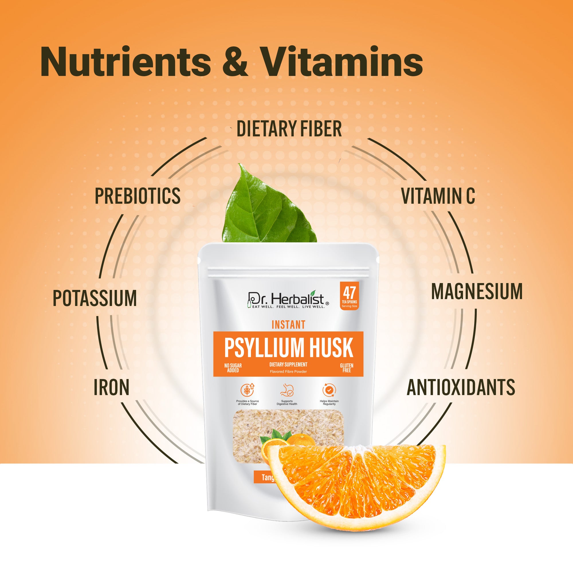 Dr. Herbalist Orange Instant Psyllium Husk Powder 283g – Premium Fiber Blend, Orange Flavor, Easy Mix Drink