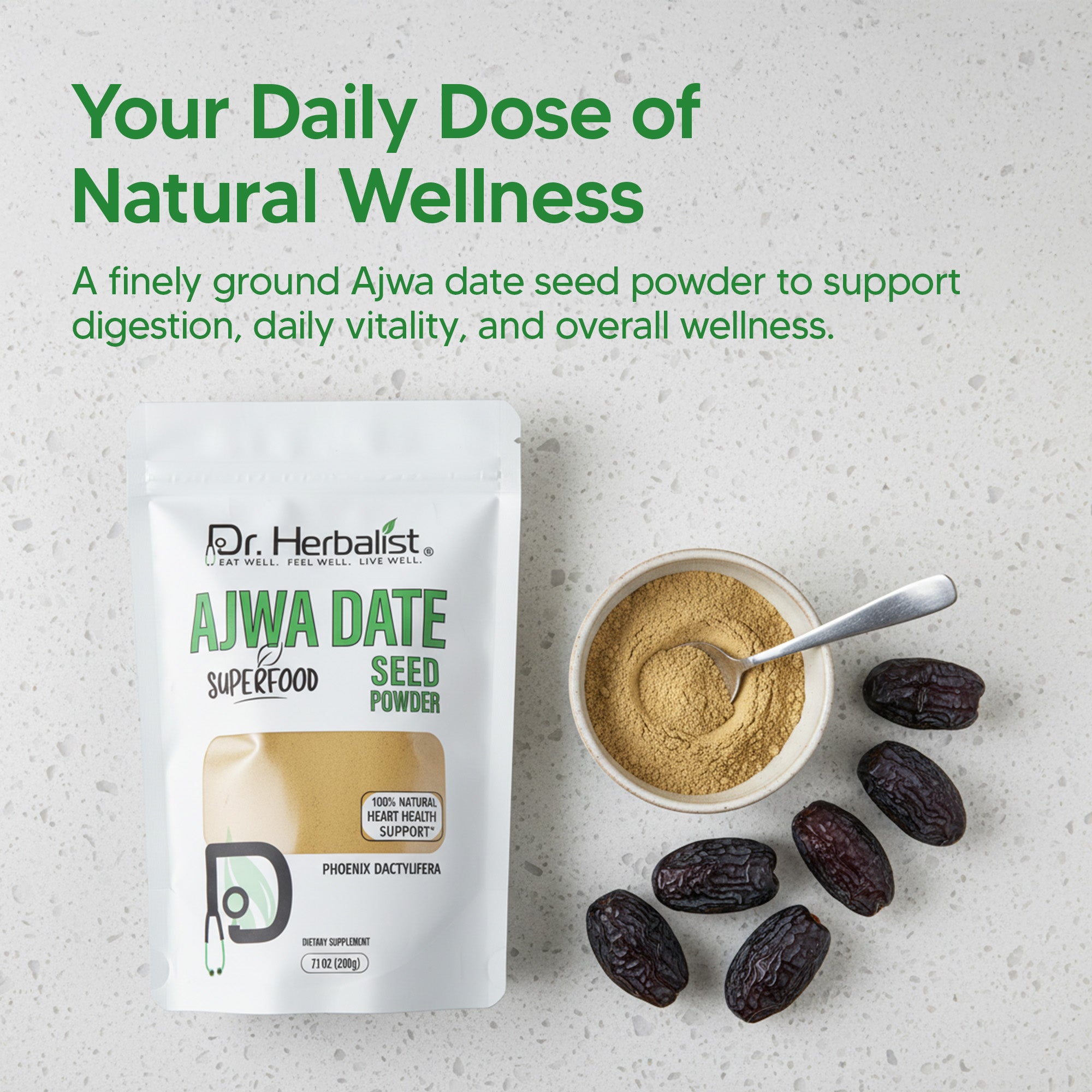 Dr. HERBALIST Ajwa Date Powder 200g - Dried Madinah Phoenix Dactylifera with Polyphenols | Supports Heart Wellness & Daily Nourishment* | Natural Sweetener Alternative | Halal, Vegan