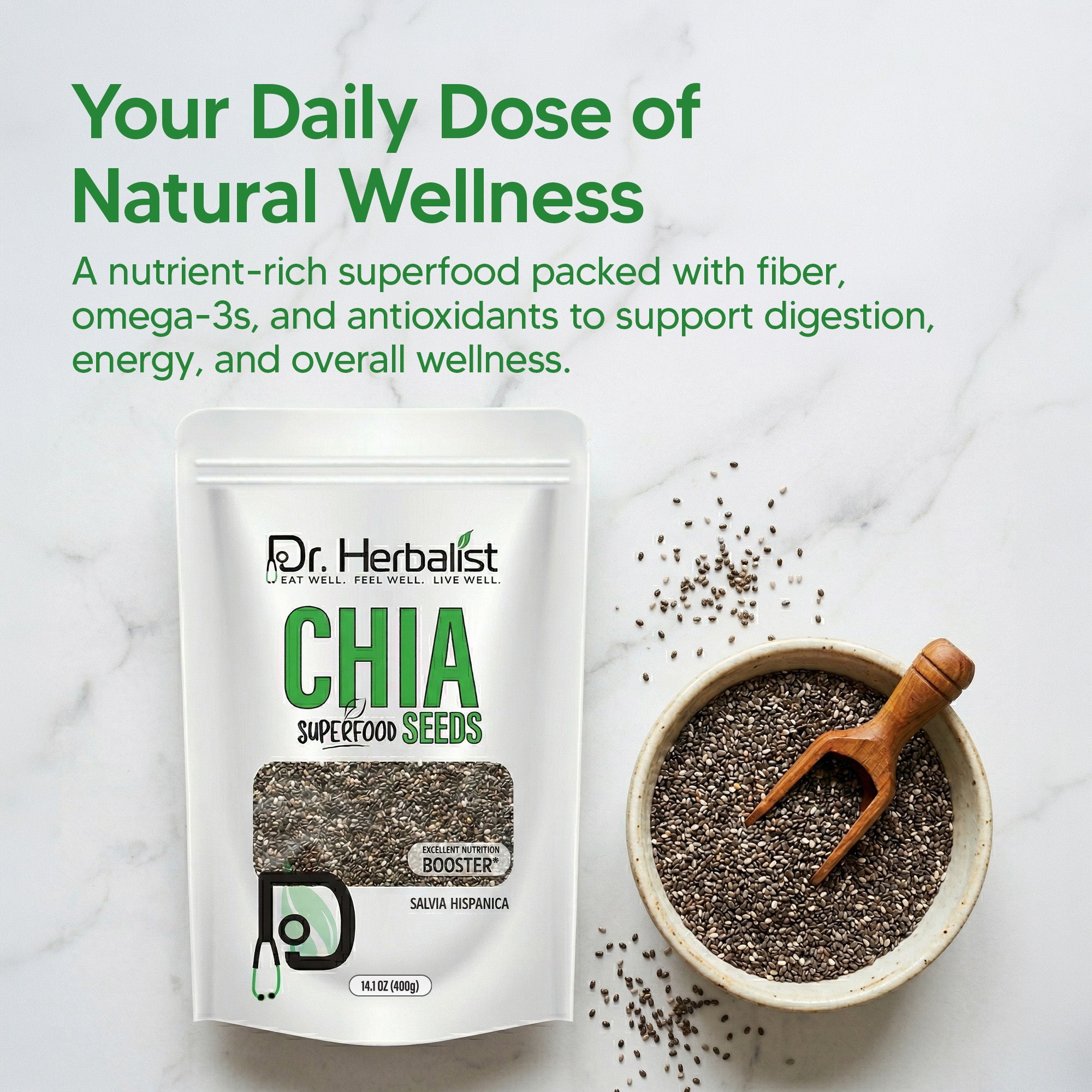 Dr. HERBALIST Chia Seeds 400g - Premium Salvia Hispanica with ALA Omega-3 & Soluble Fiber | Supports Omega Nutrition Hydration & Sustained Energy* | Aztec Superfood | Halal, Vegan