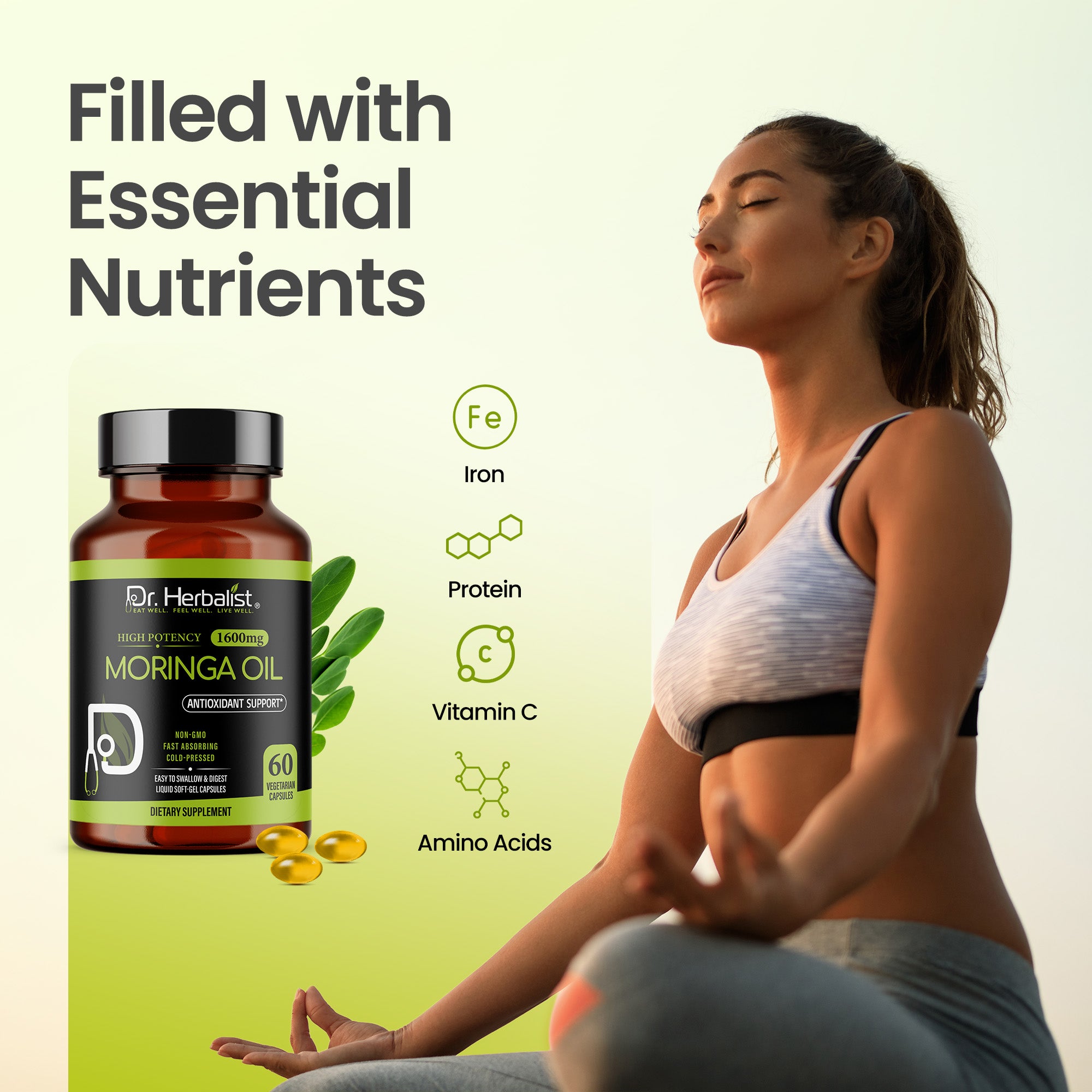 Dr. HERBALIST Moringa Oil Capsules 1600mg - Cold Pressed Moringa Oleifera Seed Oil with Oleic Acid & Behenic Acid | Supports Skin Vitality & Nutritional Wellness* | Halal, Vegan | 60ct