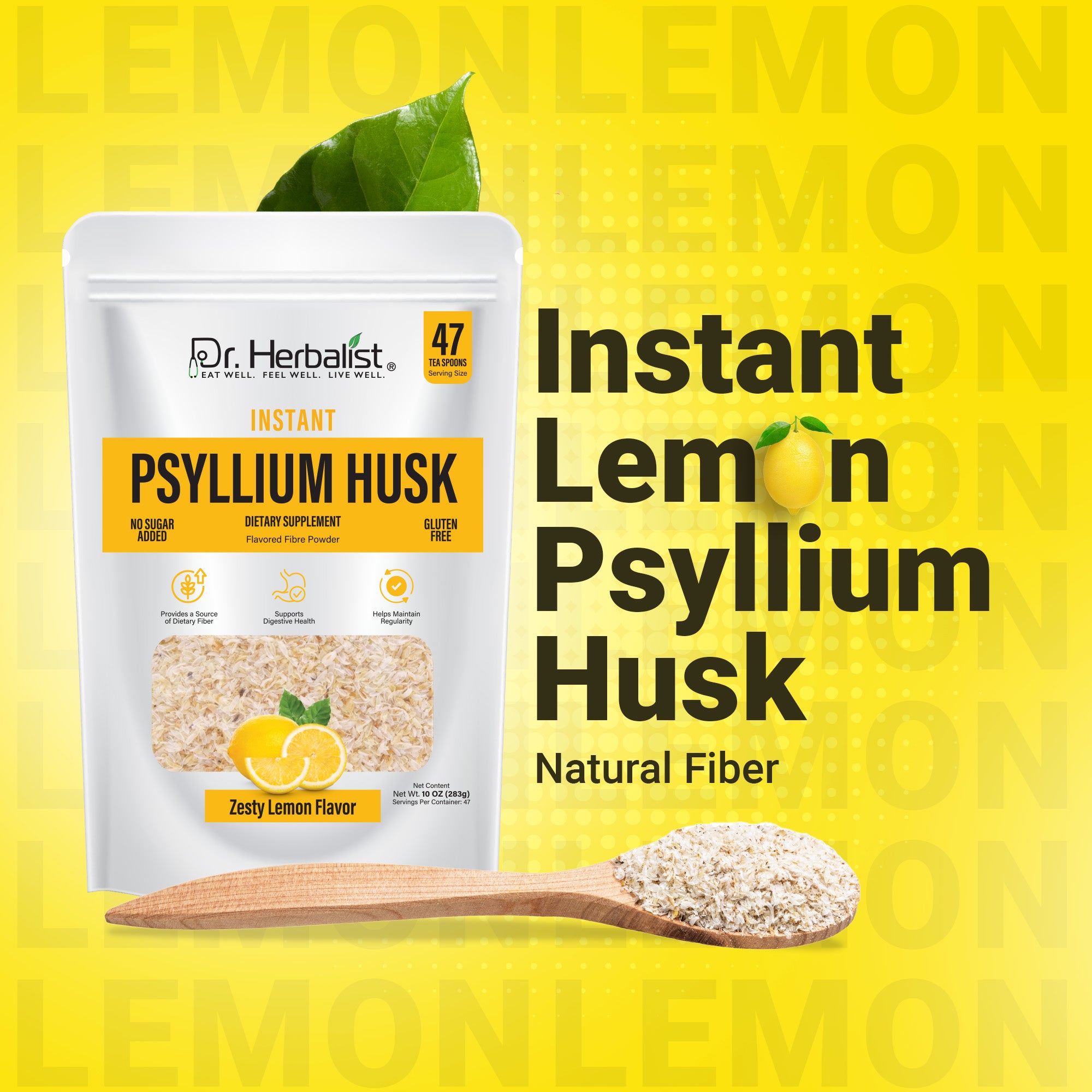 Dr. Herbalist Lemon Instant Psyllium Husk Powder 283g – Premium Fiber Blend, Lemon Flavor, Easy Mix Drink