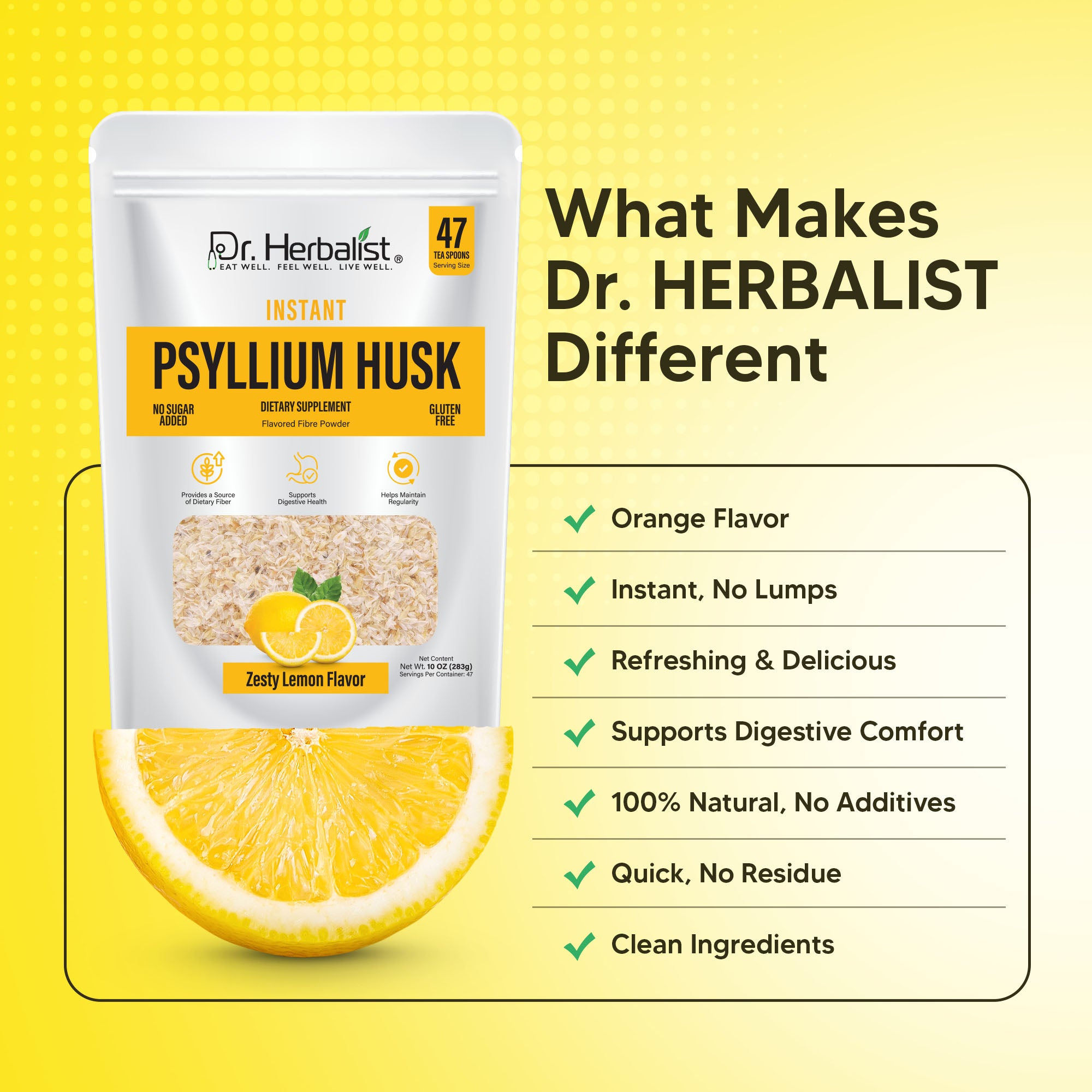 Dr. Herbalist Lemon Instant Psyllium Husk Powder 283g – Premium Fiber Blend, Lemon Flavor, Easy Mix Drink