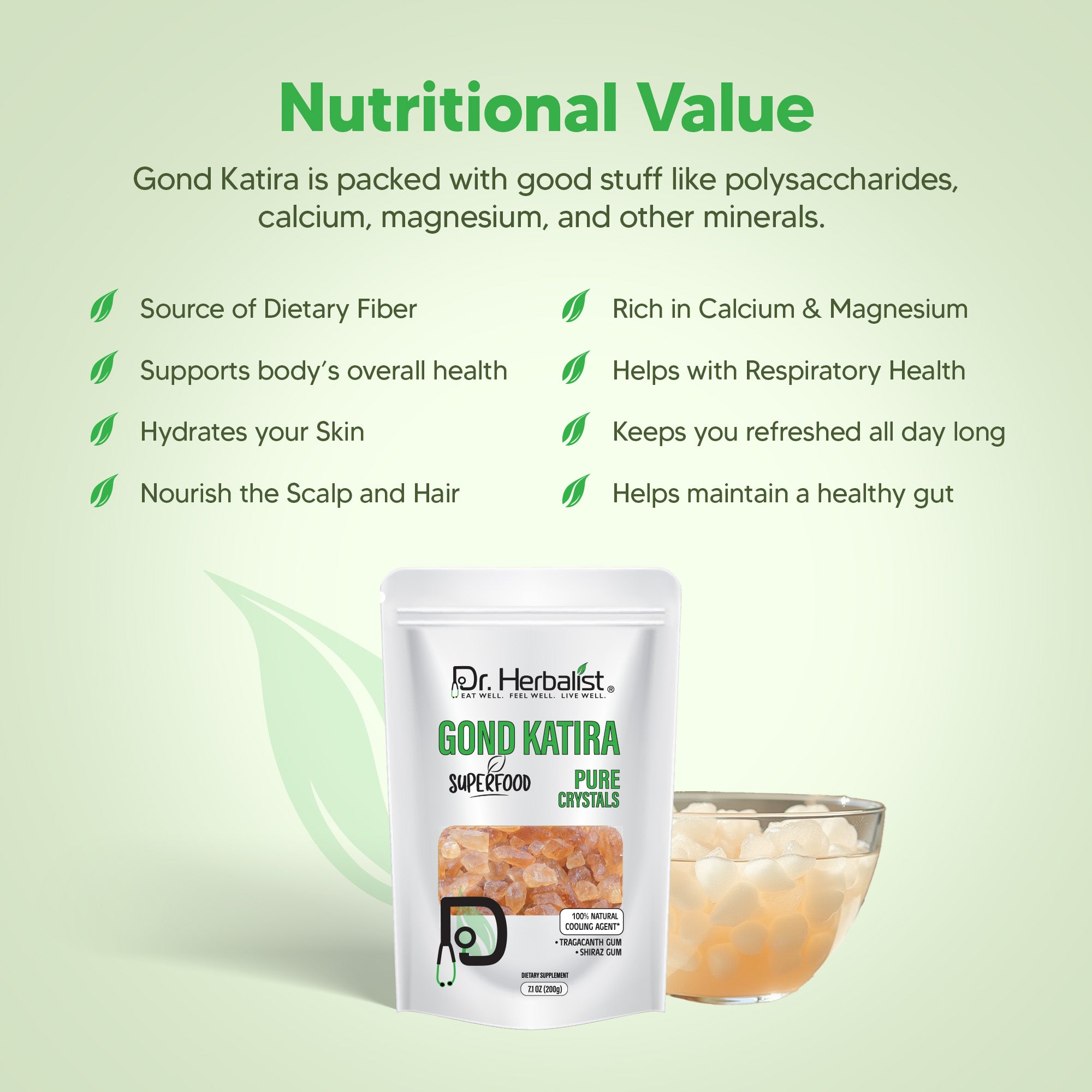 Dr. HERBALIST Gond Katira 200g - Natural Tragacanth Gum Crystals | Traditional Summer Cooling Drink Ingredient | Soak Overnight for Translucent Gel | Halal, Vegan