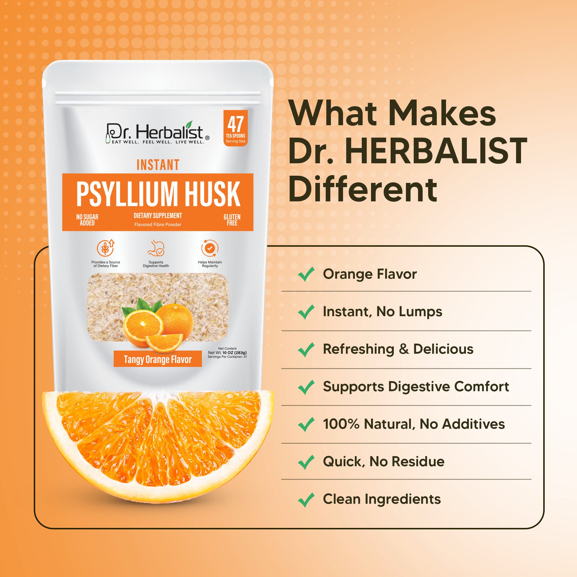 Dr. Herbalist Orange Instant Psyllium Husk Powder 283g – Premium Fiber Blend, Orange Flavor, Easy Mix Drink