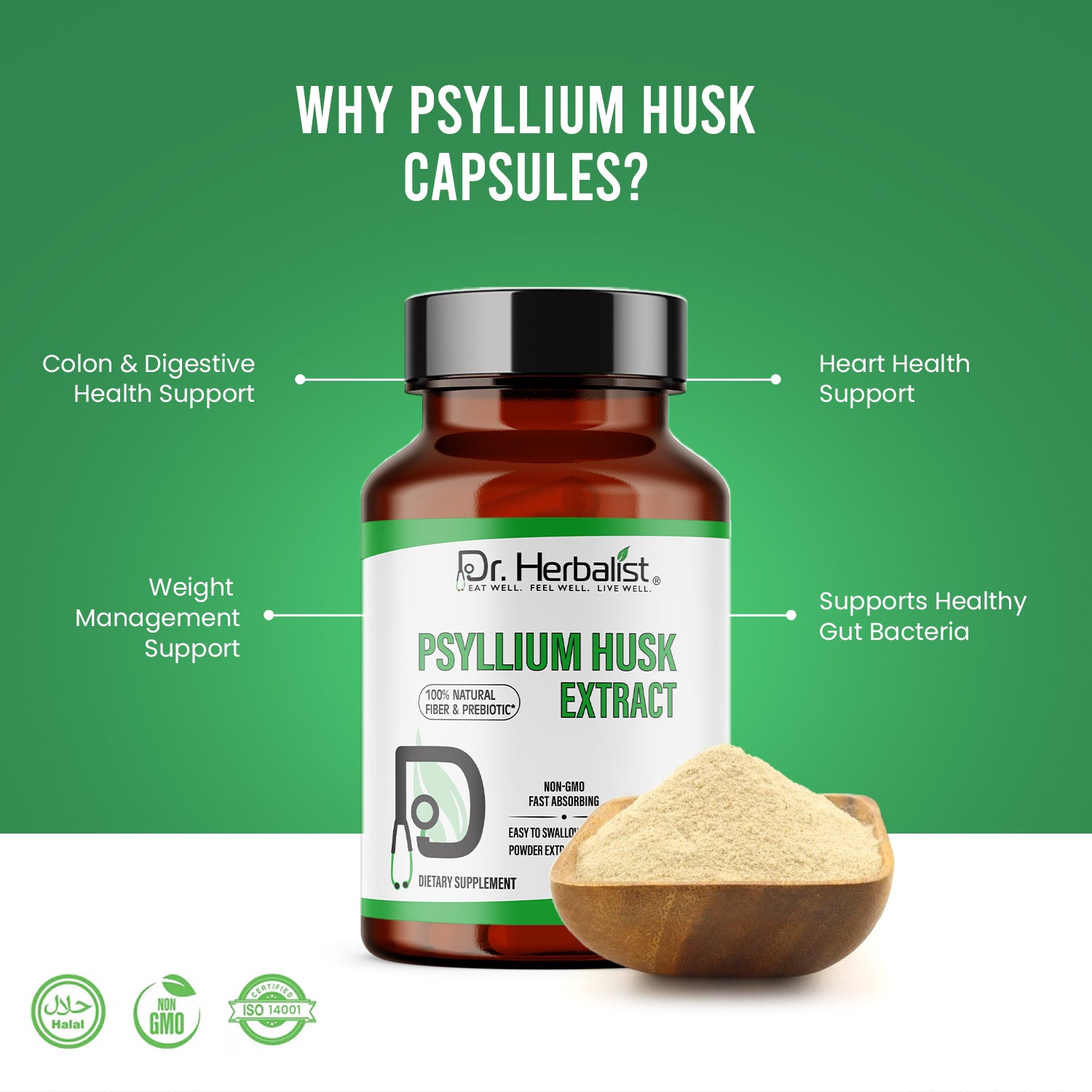 DR. HERBALIST Psyllium Husk Extract 500mg, 60 Vegetarian Capsules