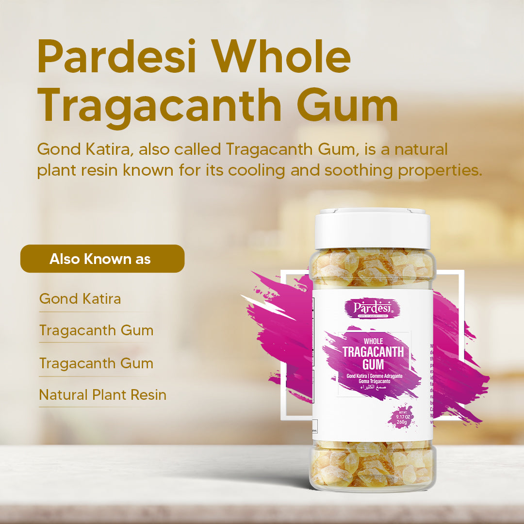 Pardesi Gond Katira (Tragacanth Gum) 260g Jar - Traditional Cooling Summer Ingredient | Halal, Non-GMO, Vegan | Dual-Cap Jar
