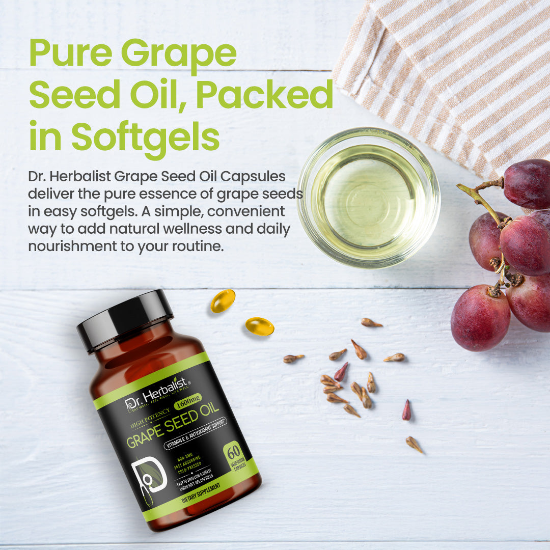 Dr Herbalist Grape Seed Oil 60 Capsules | Cold Pressed Extract | Rich in Antioxidants, Vitamin E & Omega-6 | Supports Heart, Skin, Hair & Immune Health | Herbal Supplement