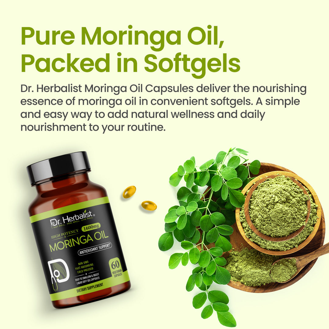 Dr. HERBALIST Moringa Oil Capsules 1600mg - Cold Pressed Moringa Oleifera Seed Oil with Oleic Acid & Behenic Acid | Supports Skin Vitality & Nutritional Wellness* | Halal, Vegan | 60ct