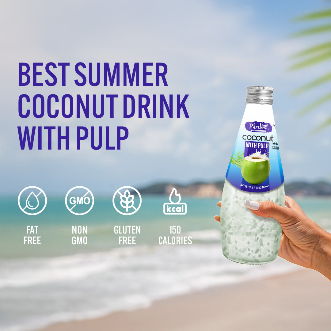 Pardesi Coconut with Pulp Basil Seed Drink 290mL - Refreshing Coconut with Pulp Beverage with Real Basil Seeds | Halal, Non-GMO, Vegan | Ready to Drink