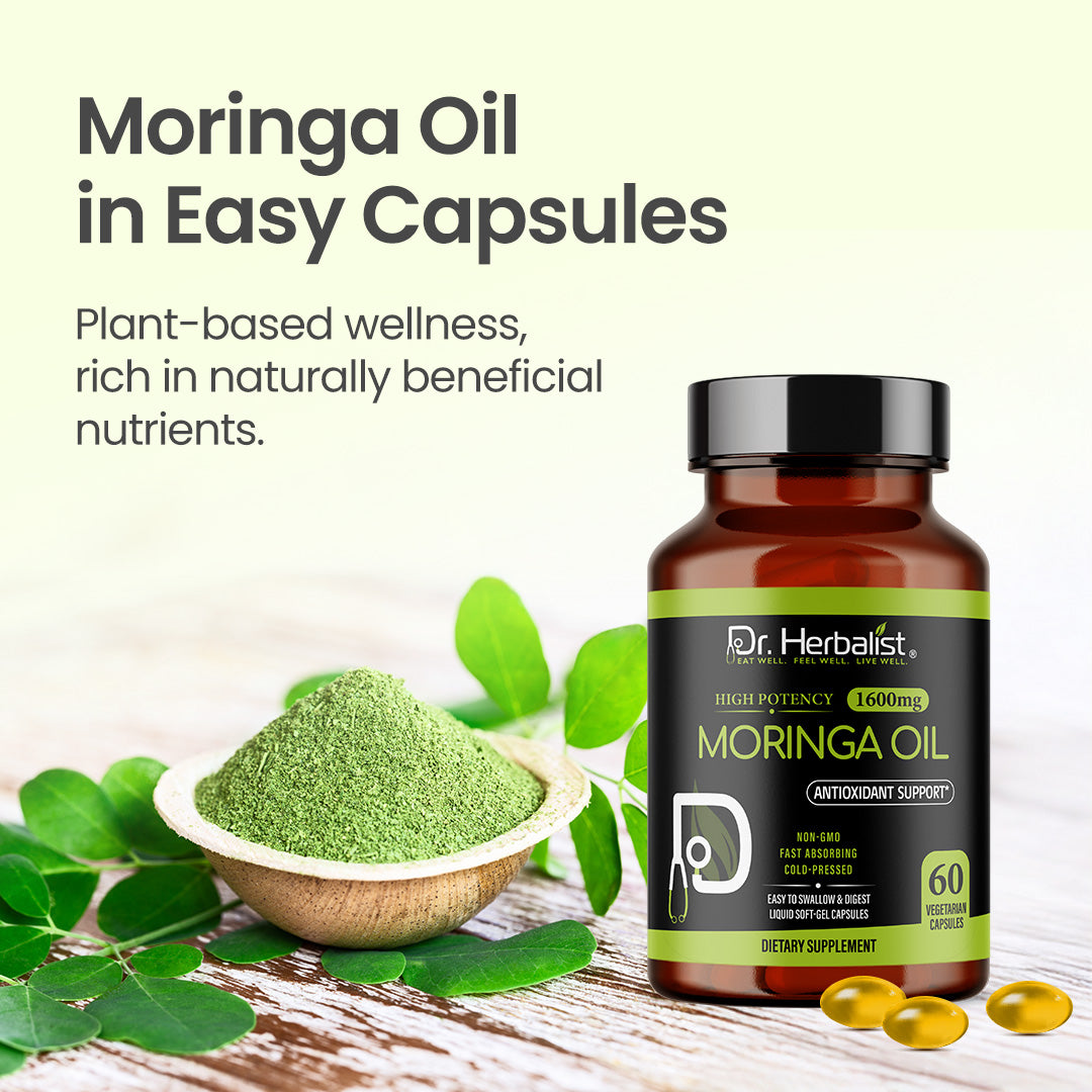 Dr. HERBALIST Moringa Oil Capsules 1600mg - Cold Pressed Moringa Oleifera Seed Oil with Oleic Acid & Behenic Acid | Supports Skin Vitality & Nutritional Wellness* | Halal, Vegan | 60ct