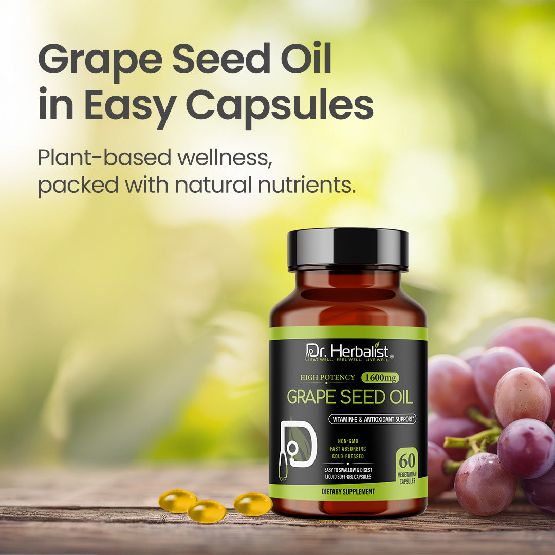 Dr Herbalist Grape Seed Oil 60 Capsules | Cold Pressed Extract | Rich in Antioxidants, Vitamin E & Omega-6 | Supports Heart, Skin, Hair & Immune Health | Herbal Supplement