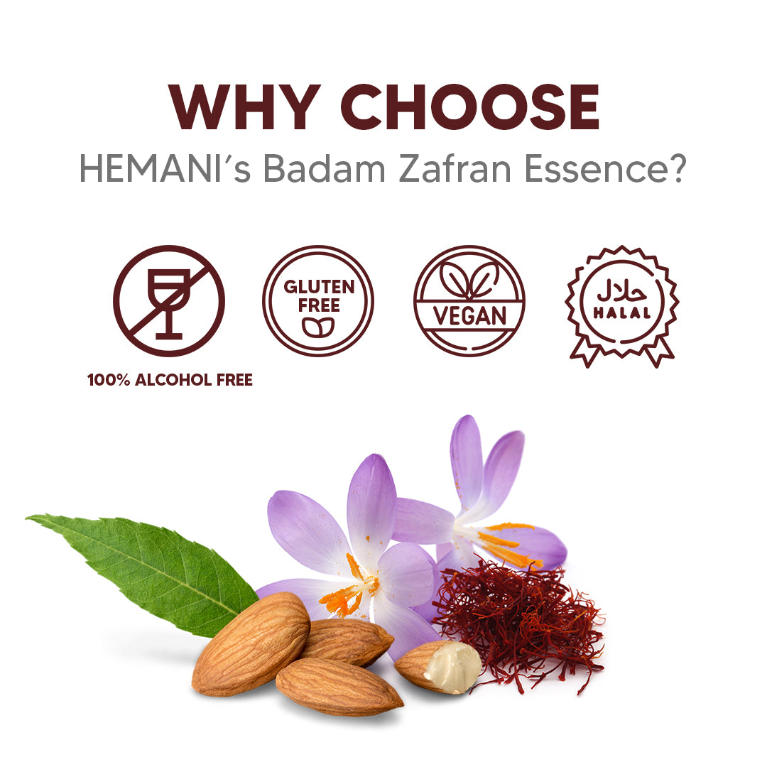 Hemani Badam Zafran Food Essence 25 ml Halal- Concentrated Almond Saffron Flavor for Indian Desserts, Recipes, and Traditional Sweets - Perfect for Kulfi, Barfi, Halwa, and More