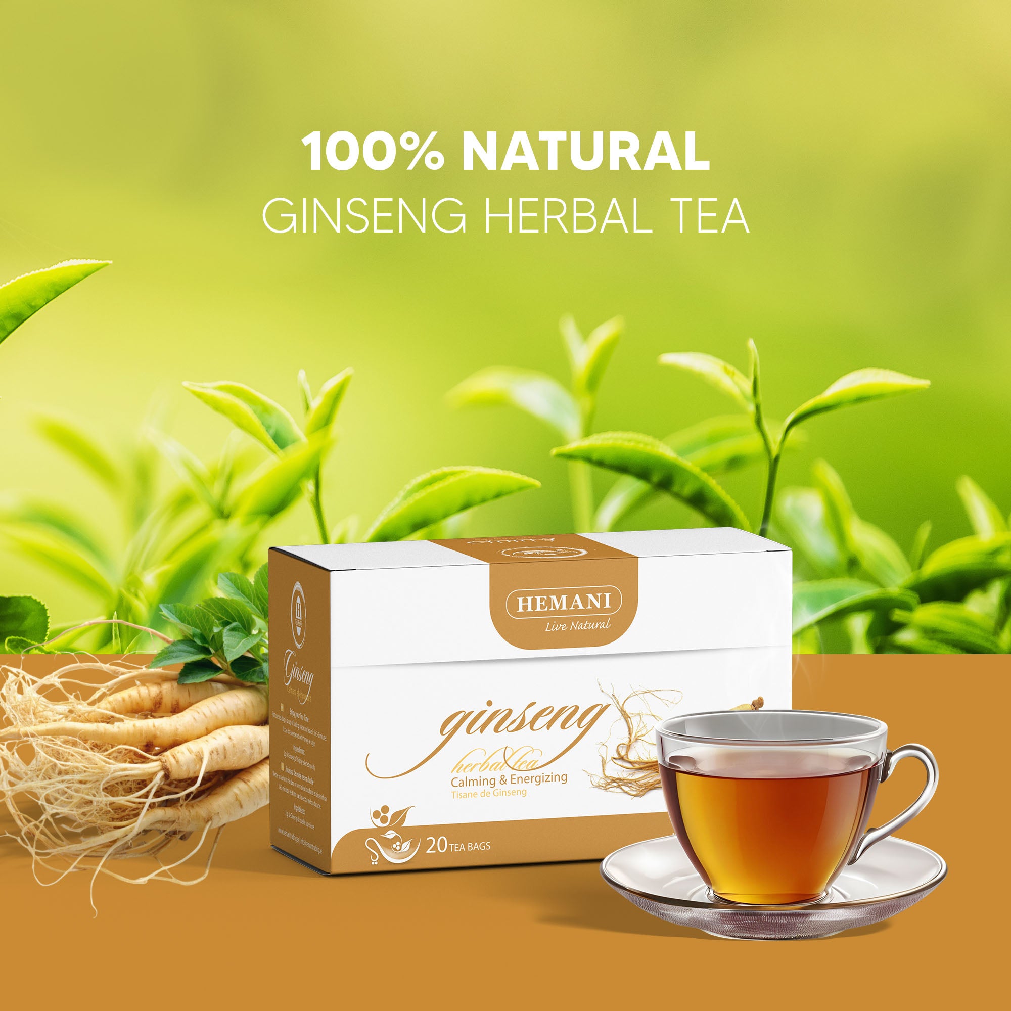 Hemani Ginseng Herbal Tea Panax ginseng - 20 Tea Bags | Pure, Natural & Revitalizing Brew | Promotes Energy, Clarity & Wellness.